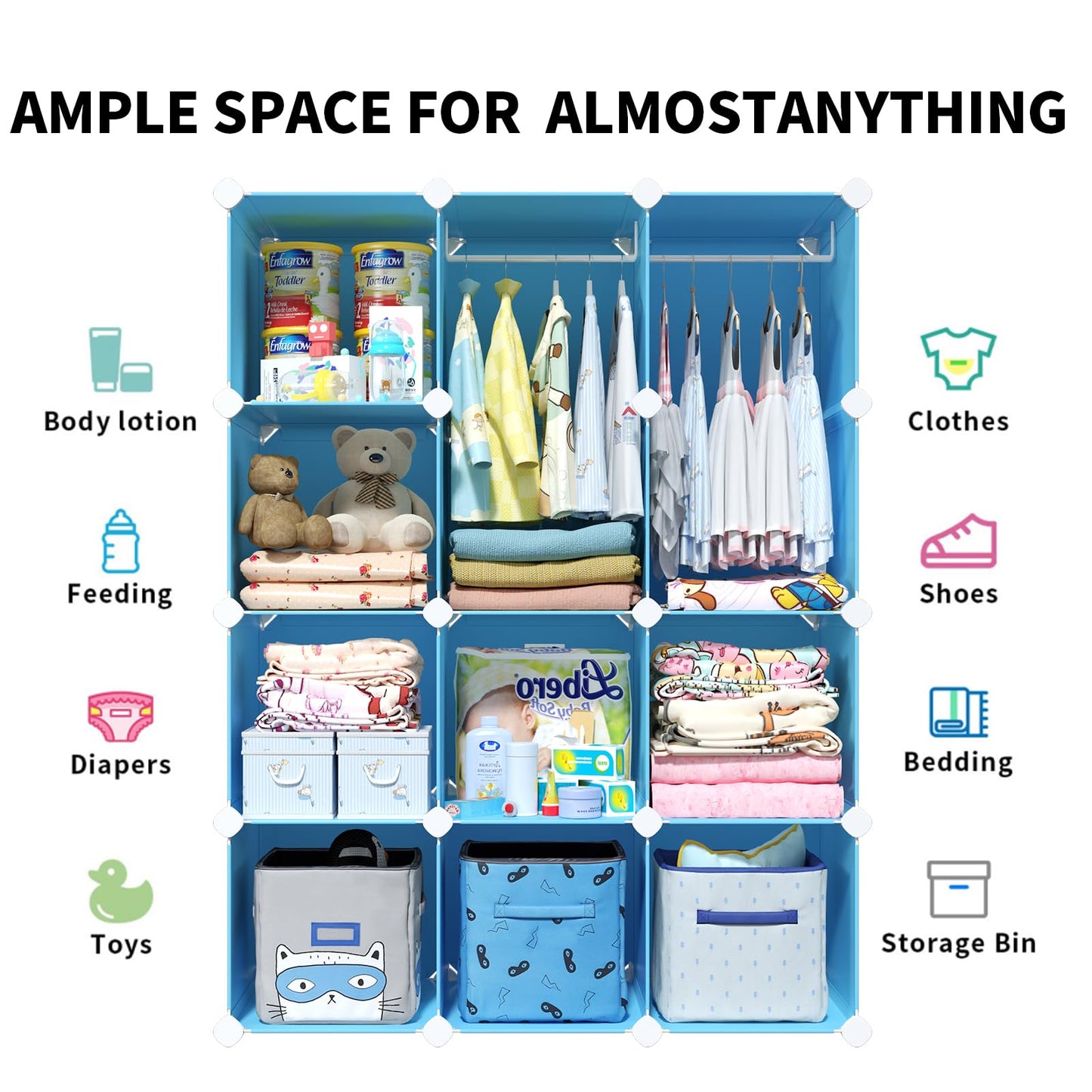 VIPZONE Baby Dresser, Kids Closet Organizers, Portable Kids Wardrobe for Closet, Bedroom, Nursery, Cubby, Cabinet, Clothes, Dress, Baby Storage Shelf, Armoire Clothes Hanging (Blue)