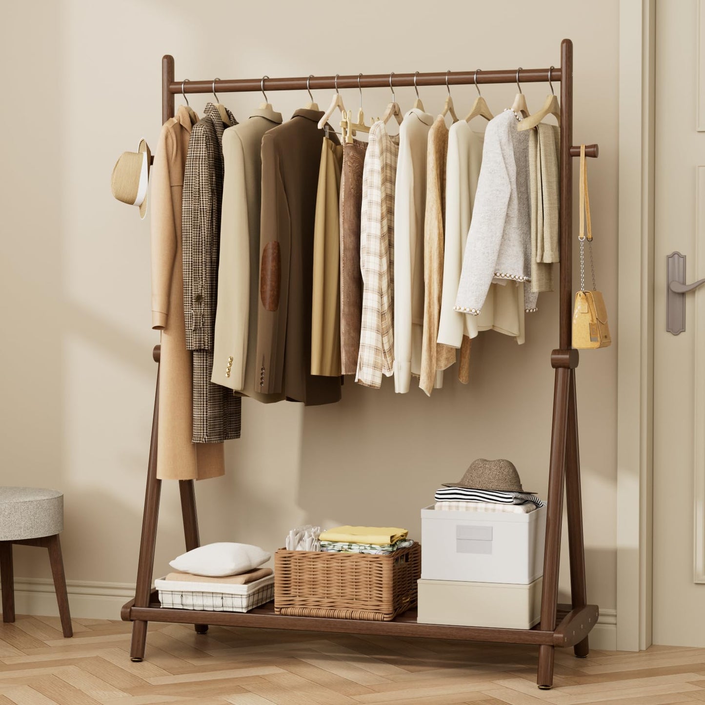 Wamhom Solid Wood Clothes Rack,Freestanding Garment Rack & Coat Tree,Extra-Long 39.38" Hanging Rod, Double Storage Shelves for Bedroom, Entryway, Hallway