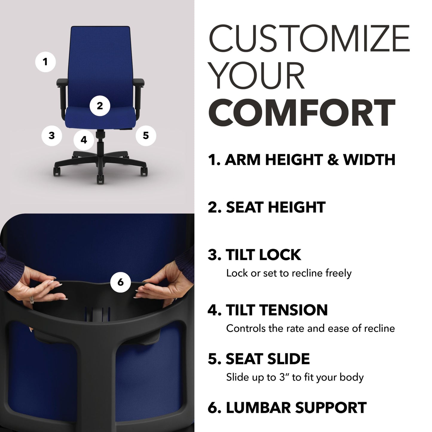 HON Ignition 2.0 Mid‑Back Ergonomic Office Chair, Mesh Task Desk Chair with Lumbar Support, Standard Synchro‑Tilt, Height and Width Adjustable Arms, Black Frame, Cobalt