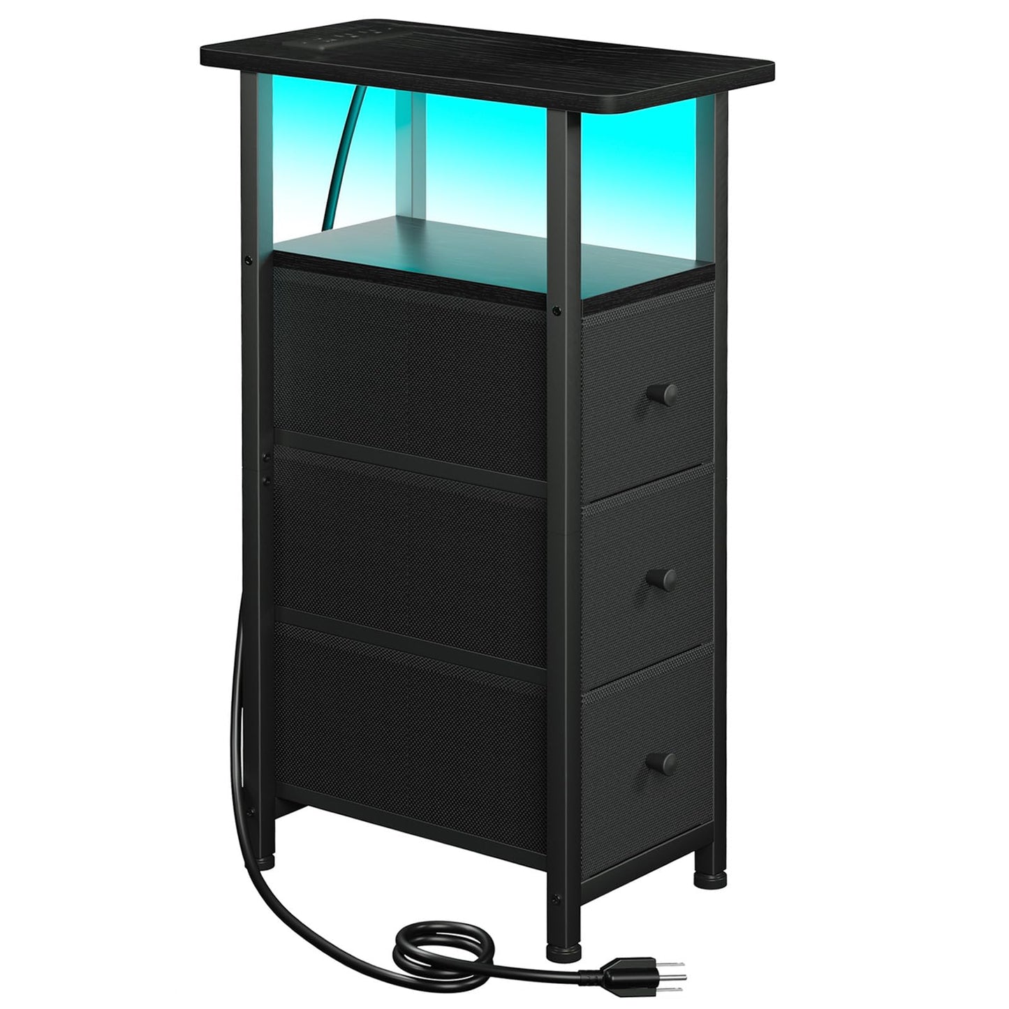 LOAKEKEL Narrow End Table Living Room with Charging Station, Skinny Side Table with Fabric Drawers, Slim LED Nightstand for Bedroom, Small Spaces, Couch, Black, HETNDP03LBK-1