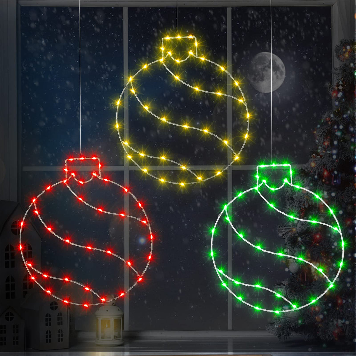 Jinei 3 Pieces 11.8 Inch Window Lights Christmas Ball LED Light Lighted Christmas Ball Window Lights with 50 Bulbs for Holiday Indoor Wall Door Decorations Red Dreen Gold(Ball)