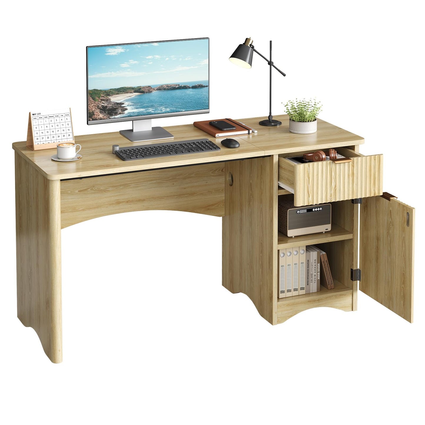 Bestier 47 inch Fluted Computer Desk with Drawer, Office Desk with File Cabinet, Modern Wood Desk with Storage Cabinet for Home Office Bedroom Study, Natual Oak