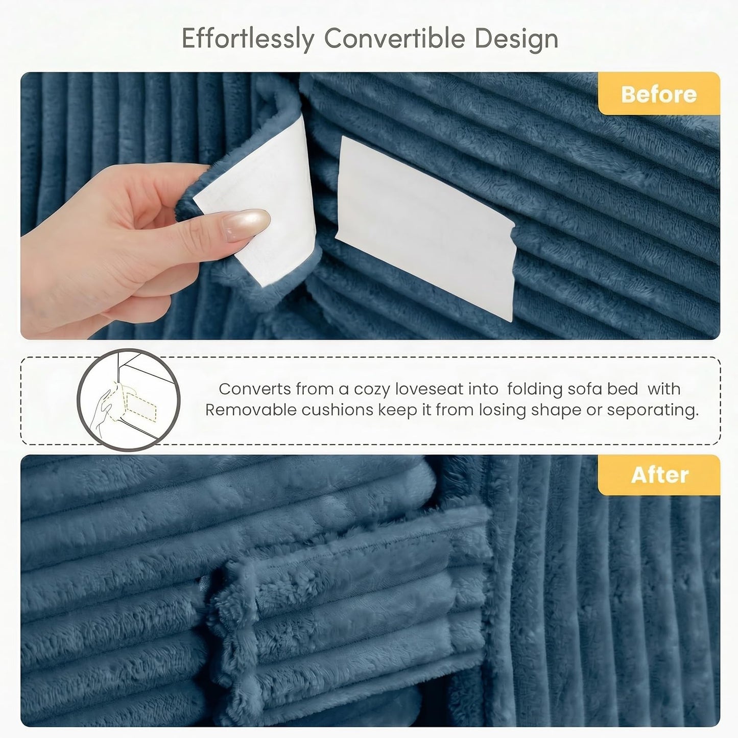 cidludto Convertible Sofa Bed, Boneless Couch 2 in 1 Loveseat Folding Couch Bed Foldable, Chair Bed & Futon Sofa Bed, Small Corduroy Pull Out Sofa with 4 Pillows for Living Room, Blue