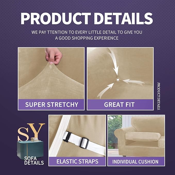 ZNSAYOTX Luxury Velvet Sofa Cover 3 Piece Stretch Loveseat Covers