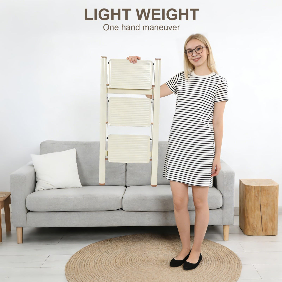 Valeo 3 Step Ladder,Lightweight Folding Step Stool with Wide Anti-Slip Pedal, 330LBS Capacity, Heavy Duty,Sturdy Iron Metal Step Stool for Home, Kitchen, Closet, Adults, Cream White