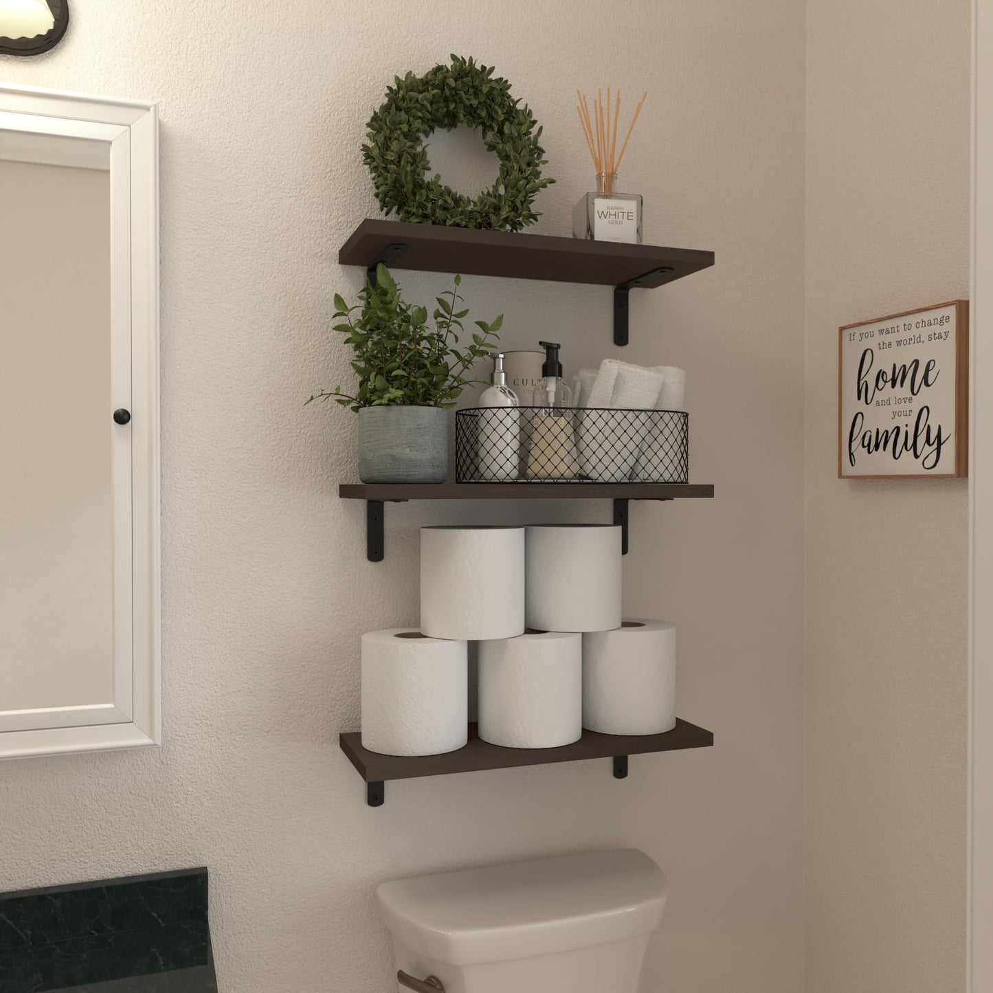 WOPITUES Wood Floating Shelves Set of 6, Shelves for Wall Decor, Farmhouse Shelf for Bedroom, Bathroom Storage Shelves, Book Shelves for Living Room, Dark Brown