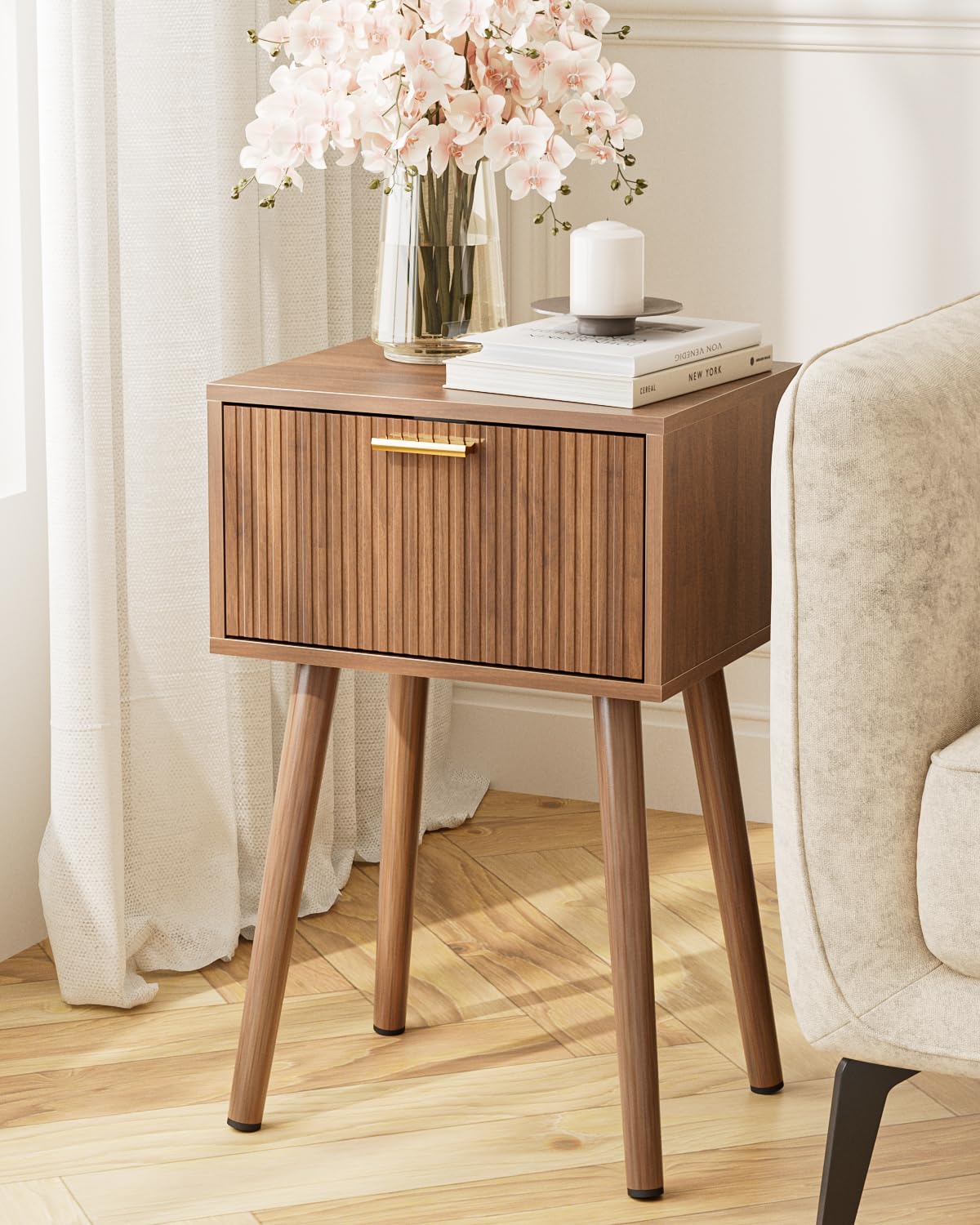ASACESCU Night Stand, Walnut Nightstand with Fluted Door, Small Modern Mid-Century Bedside Table for Bedroom, End Table for Living Room