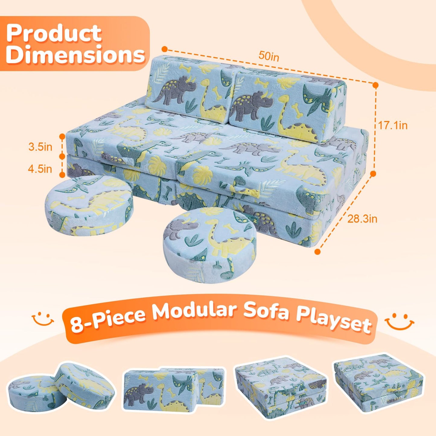 MeMoreCool Kids Couch, Blue Dinosaur Modular Foam Play Couch, Ages 3+
