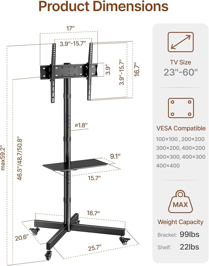 Heavy-Duty Rolling TV Stand for 23”-60” Screens—Supports 121 lbs, Stable Mobile