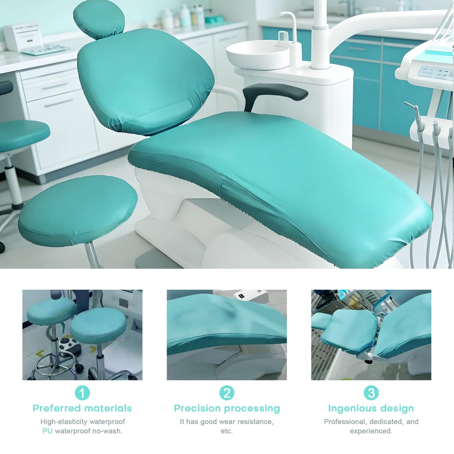 buyzg 5Pcs Dental Chair Covers Set - Waterproof & Non-Slip PU Leather Elastic Full Covers with Foot, Seat, Headrest & Backrest Protectors for Dental Clinic Chairs(Lake Blue)
