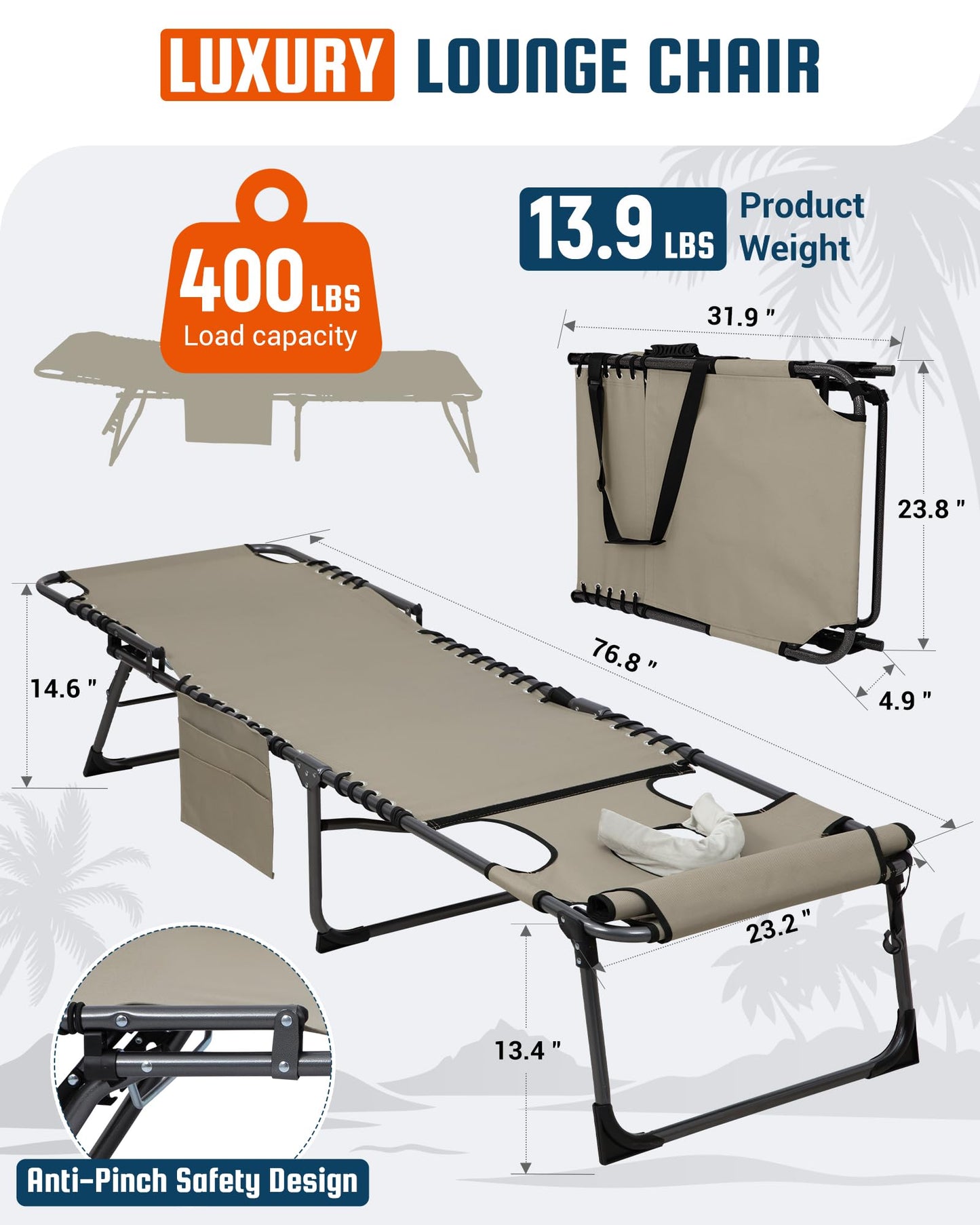 KingCamp Tanning Chair with Face Hole, Lounge Chairs Outdoor Folding Comfy Adjustable 5-Position Lay Flat Foldable Chaise Chaser Lounger for Outside Beach Patio Sun Bathing Pool, Beige
