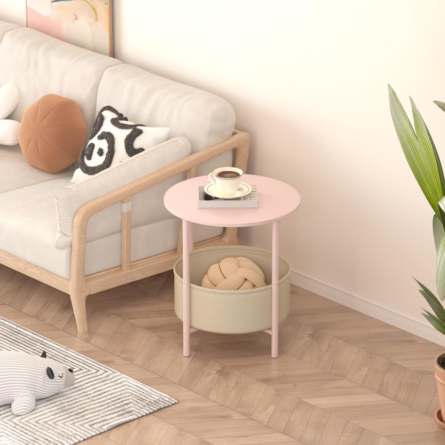 DGSANDGO Round End Table with Fabric Basket, Bedside Table with Storage, Morden Round Nightstand, Samll Side Table for Living Room，Bathroom，Bedroom, Nursery, Laundry, Pink