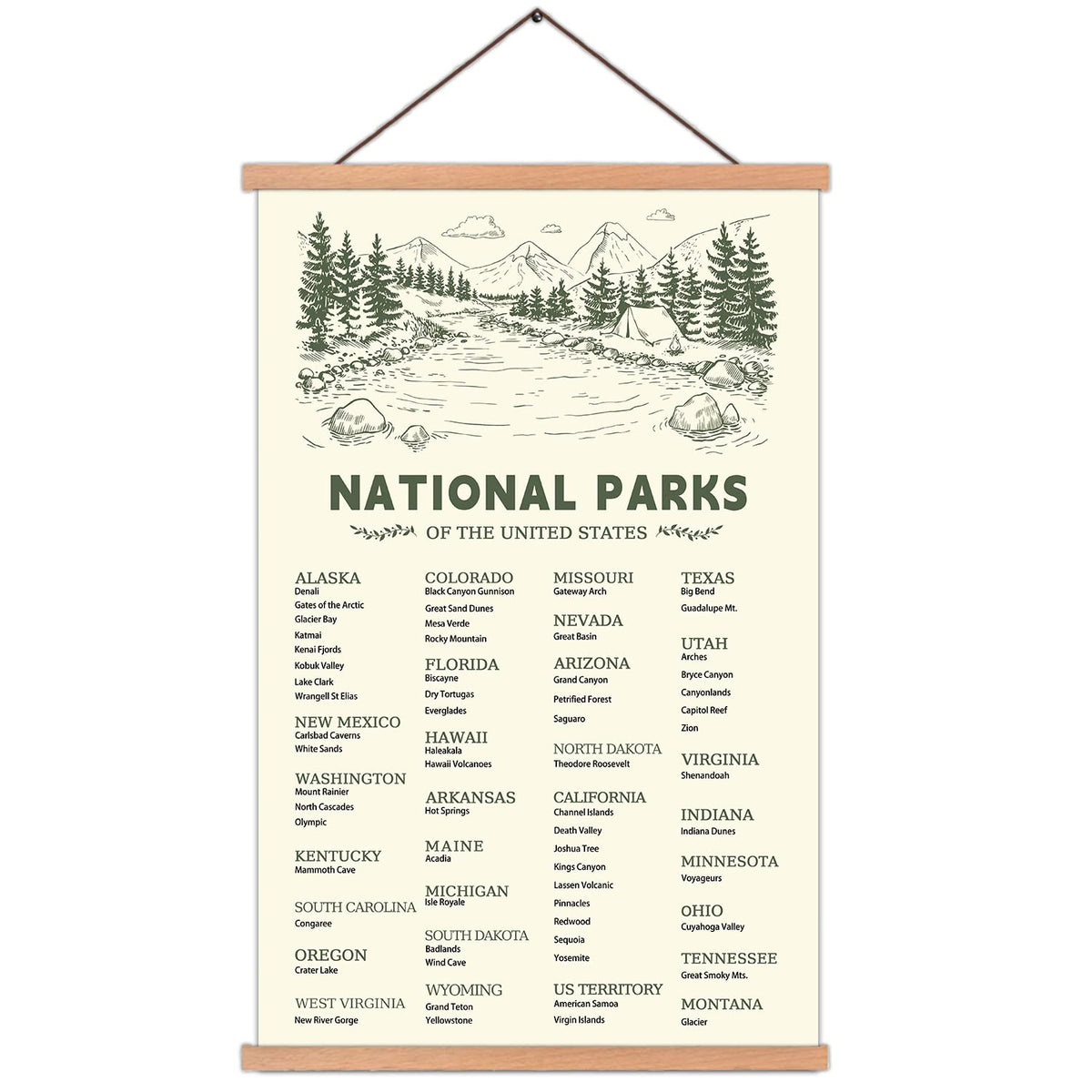KAIRNE US National Park Checklist Poster,Park Posters for Travel Sign With Wooden Hanging Framed(40CMx75CM),Inspirational Rustic Decor,National Park Map Posters Gift for Hiker or National Park Lover