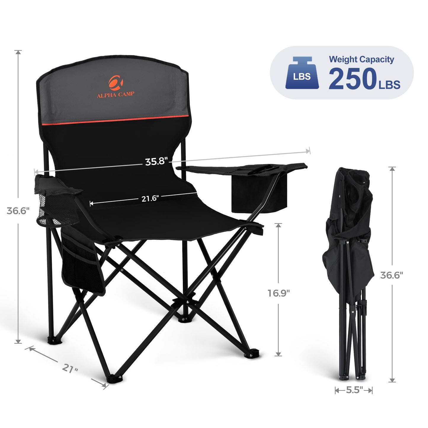 LET'S CAMP Camping Chair 2 Pack Folding Chair with 4-Can Cooler Bag Portable Lawn Chair with Cup Holder,Storage Pocket, Supports 250LBS, Collapsible Chair for Camp, Beach, Picnic (Black)