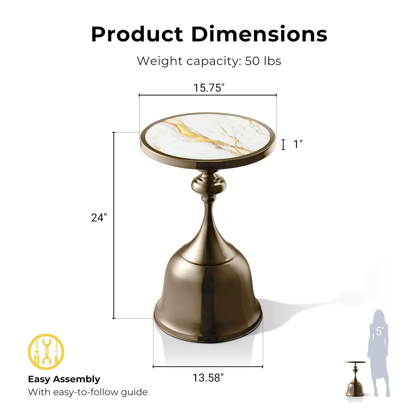 Homes: Inside + Out Halric Modern 24" Tall Round End Table with Decorated Tabletop and Iron Metal Base, Accent Furniture, Elegant Pedestal Stand for Living Room, Home Office, Antique Brass