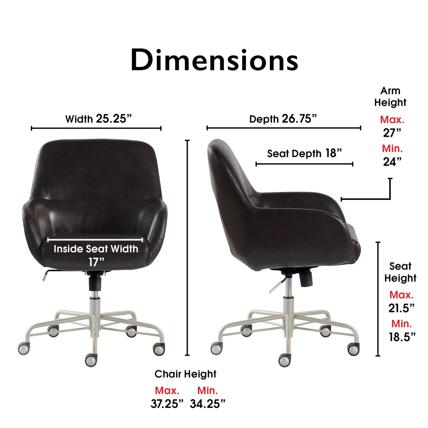 Tommy Hilfiger Forester Luxury Bonded Leather Home Office Chair, Modern Round Swivel Accent Seating with Arms, Adjustable Height and Recline, Dark Brown