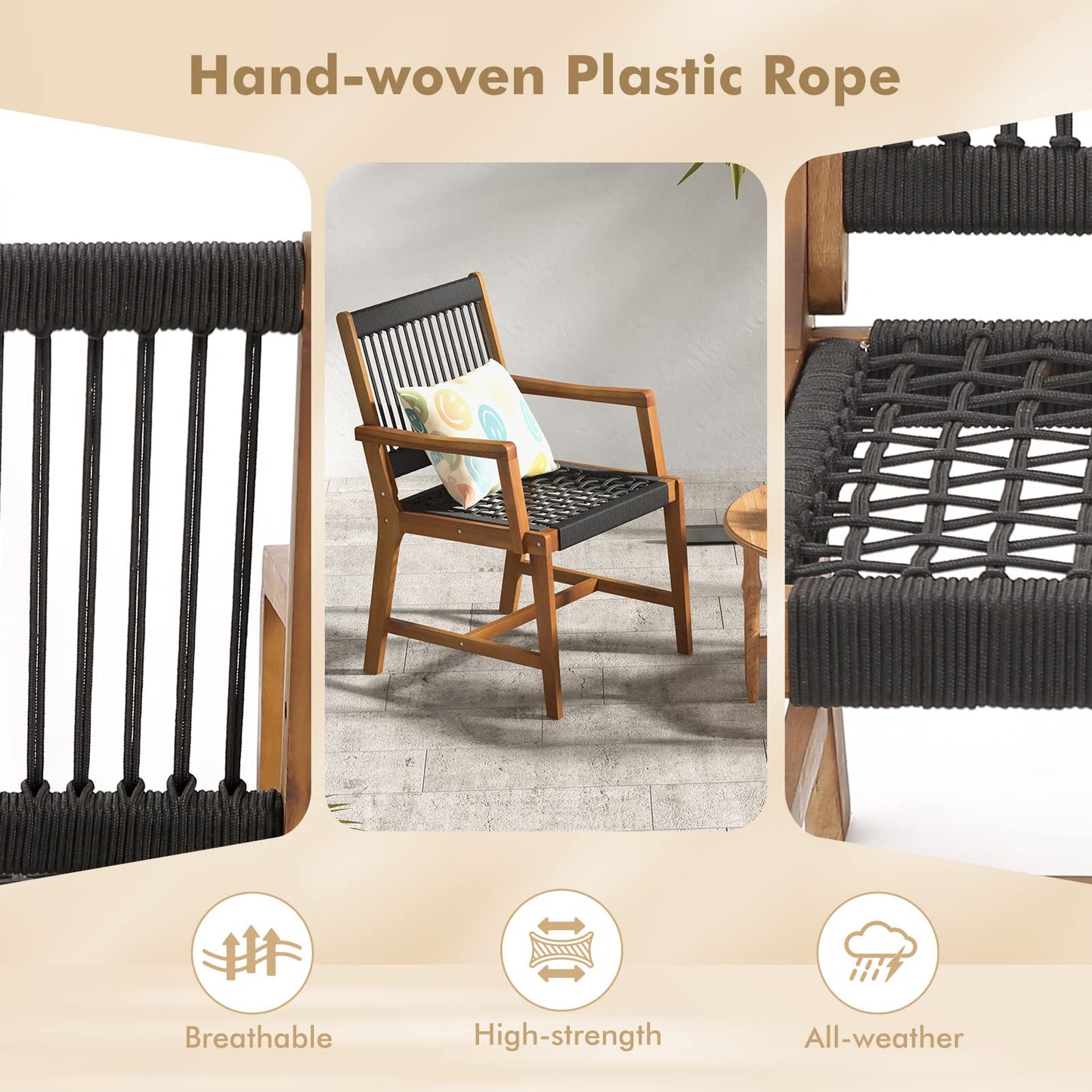 Tangkula Outdoor Acacia Wood Dining Chairs Set of 2, All-Weather Rope Woven Patio Chairs with Armrests, Outdoor Armchairs for Patio, Lawn, Garden, Backyard (1)