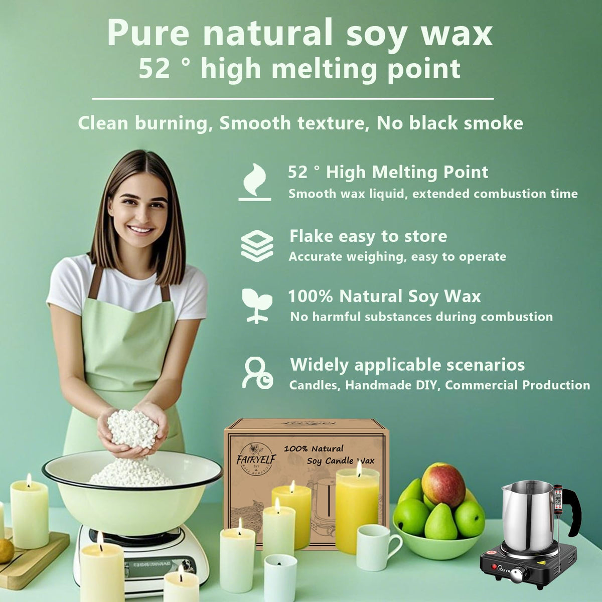 Soy Wax Candle Making Kit Supplies With Wax Melter, Natural Candle Wax for Candle Making - DIY Candles Making Supplies, Including 3lbs Soy Wax Flakes, Melting Pot, Electric Stove, Candle Wick