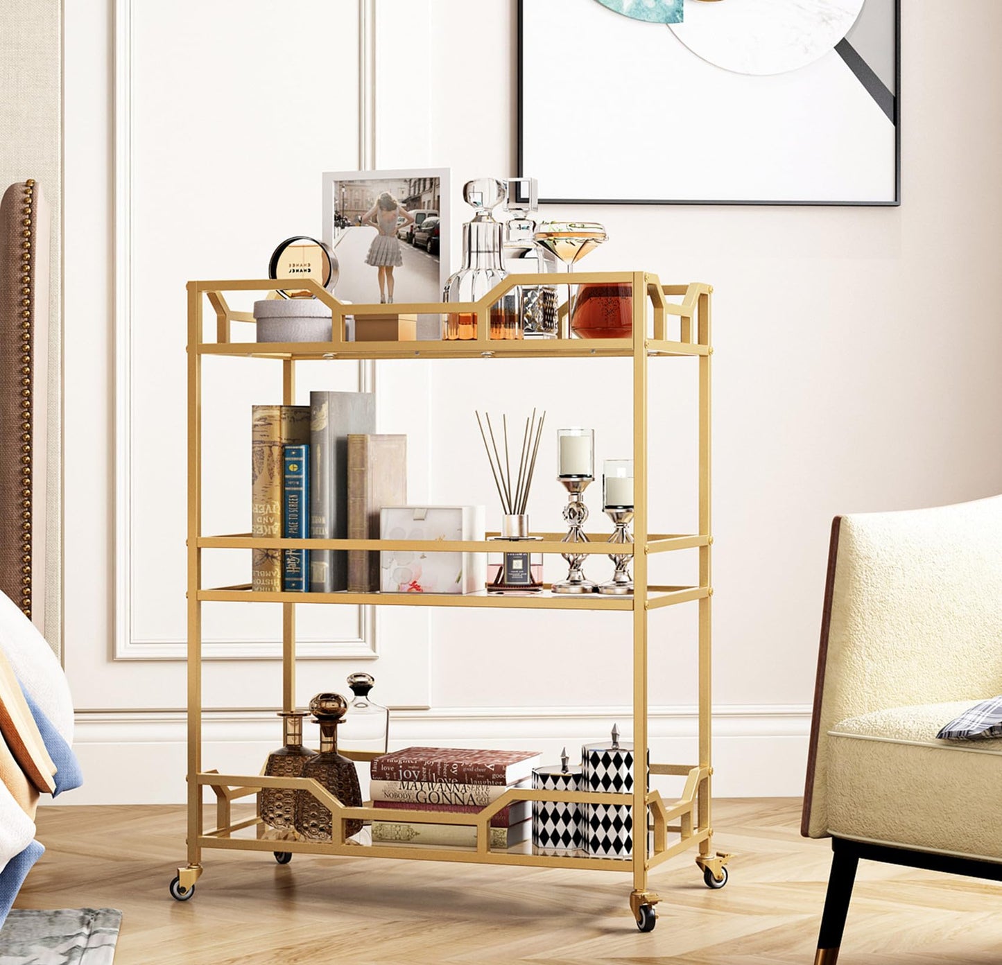 LORMITER Square Gold Bar Carts with 3 Tier Storage Glass Shelves Holder Home Serving Bar Carts on Wheels for Kitchen, Bar, Dinning Room