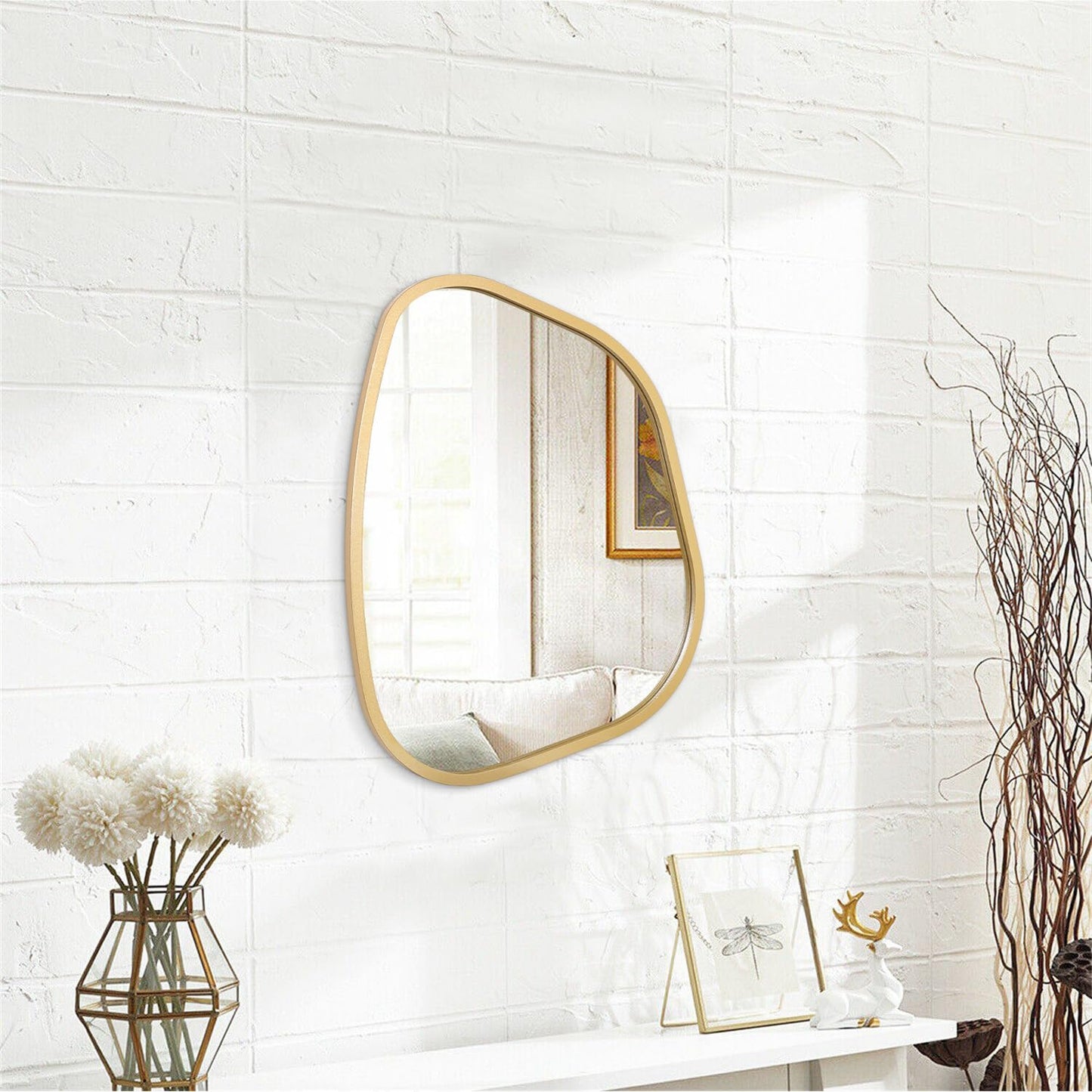 HLFMVWE Asymmetrical Accent Mirror for Wall Irregular Oval Wood Frame Modern Unique Wall Mirror Decorative Vanity Bathroom Living Room Bedroom Entryway Hallway Artistic Mirror Small Gold 14"x10"