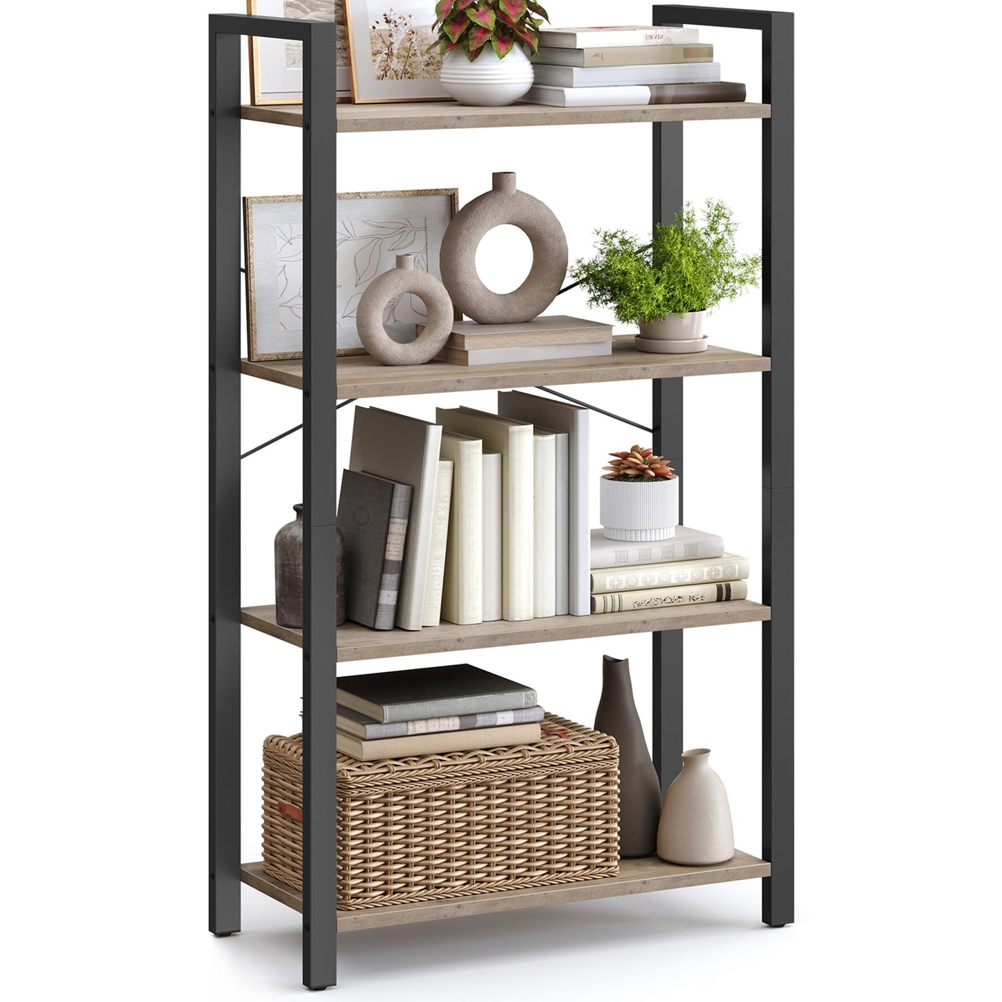 VASAGLE 4-Tier Bookshelf, Bookcase with Steel Frame, Book Shelf for Living Room, Home Office, Study, 11.8 x 26 x 47 Inches, Industrial Style, Heather Greige and Ink Black ULLS060B02