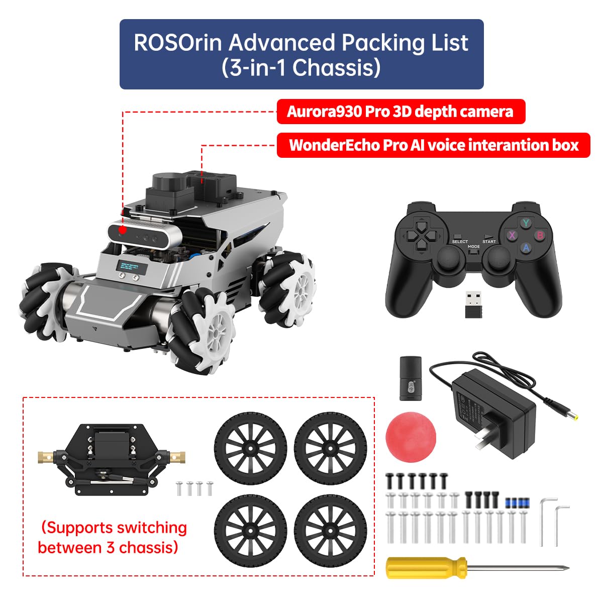 HIWONDER ROS2 Robot Car for Jetson RPi Gemini ChatGPT Large AI Models Depth Camera SLAM Mapping Autonomous Driving Programming Education 3-in-1 Chassis Car, ROSOrin Advanced Kit & Jetson Orin Nano 8G