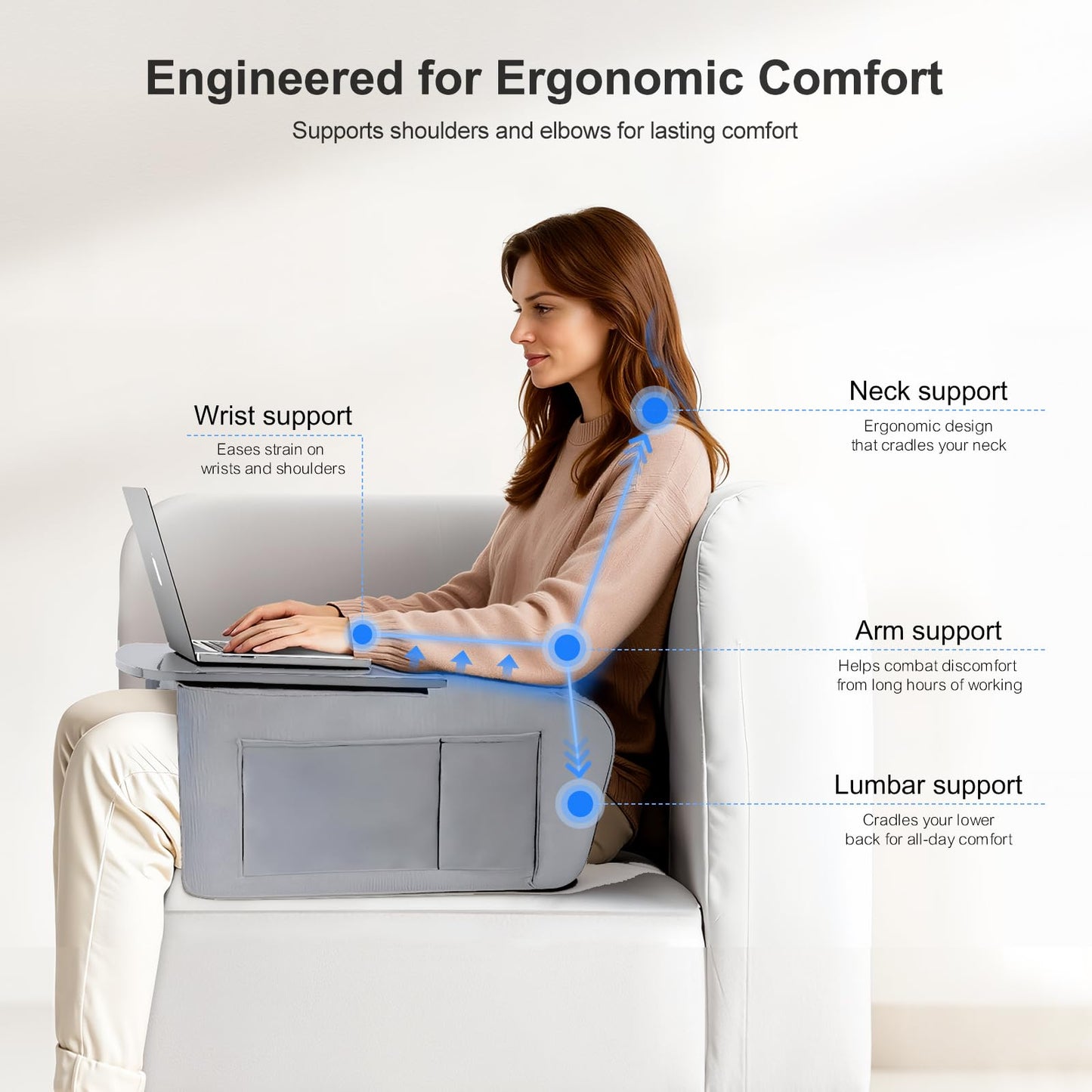 Lap Desk for Adults with Arm Rests,Ergonomic Laptop Pillow Stand for Bed,Couch,Floor,Large Table for Long Hours Work,Eating,Gaming,Reading and Writing,Lap Laptop Desk for College Dorm Room (Grey)