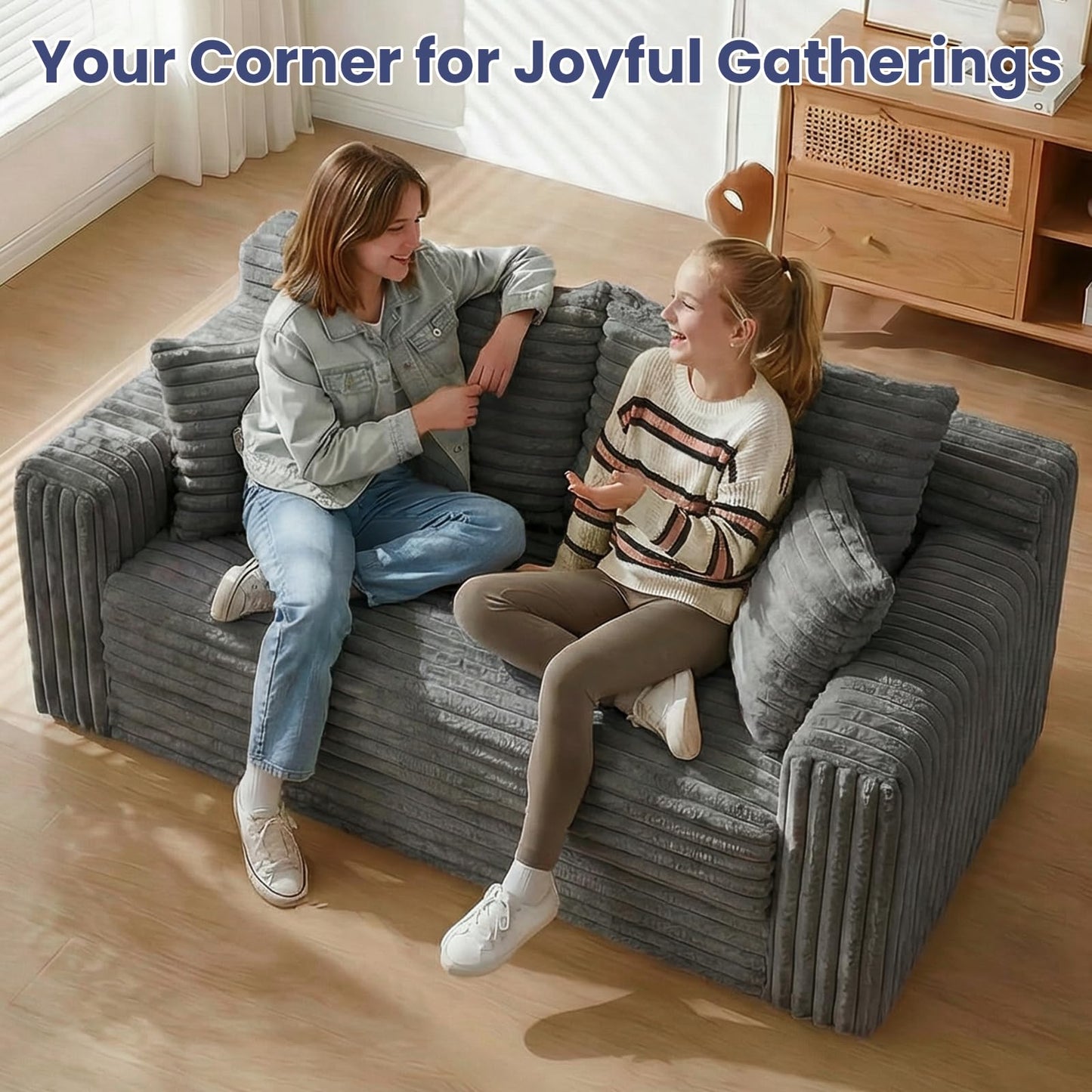3-in-1 Convertible Sofa Bed: Boneless Loveseat Sleeper & Folding Couch Bed with 4 Pillows & Detachable Cushion, Furry Futon Couch for Bedroom, Apartment, Office and Living Room, No Assembly, Grey