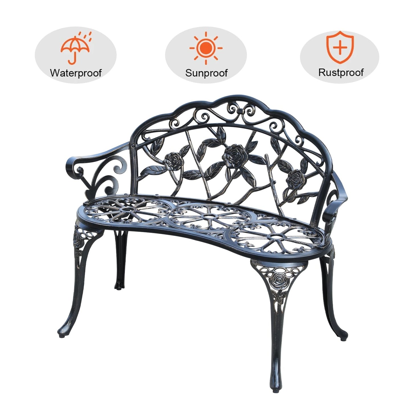 WILOUNGE Cast Aluminium Outdoor Bench, Rose Garden Bench for Patio,Park,Lawn,Yard (Bronze)