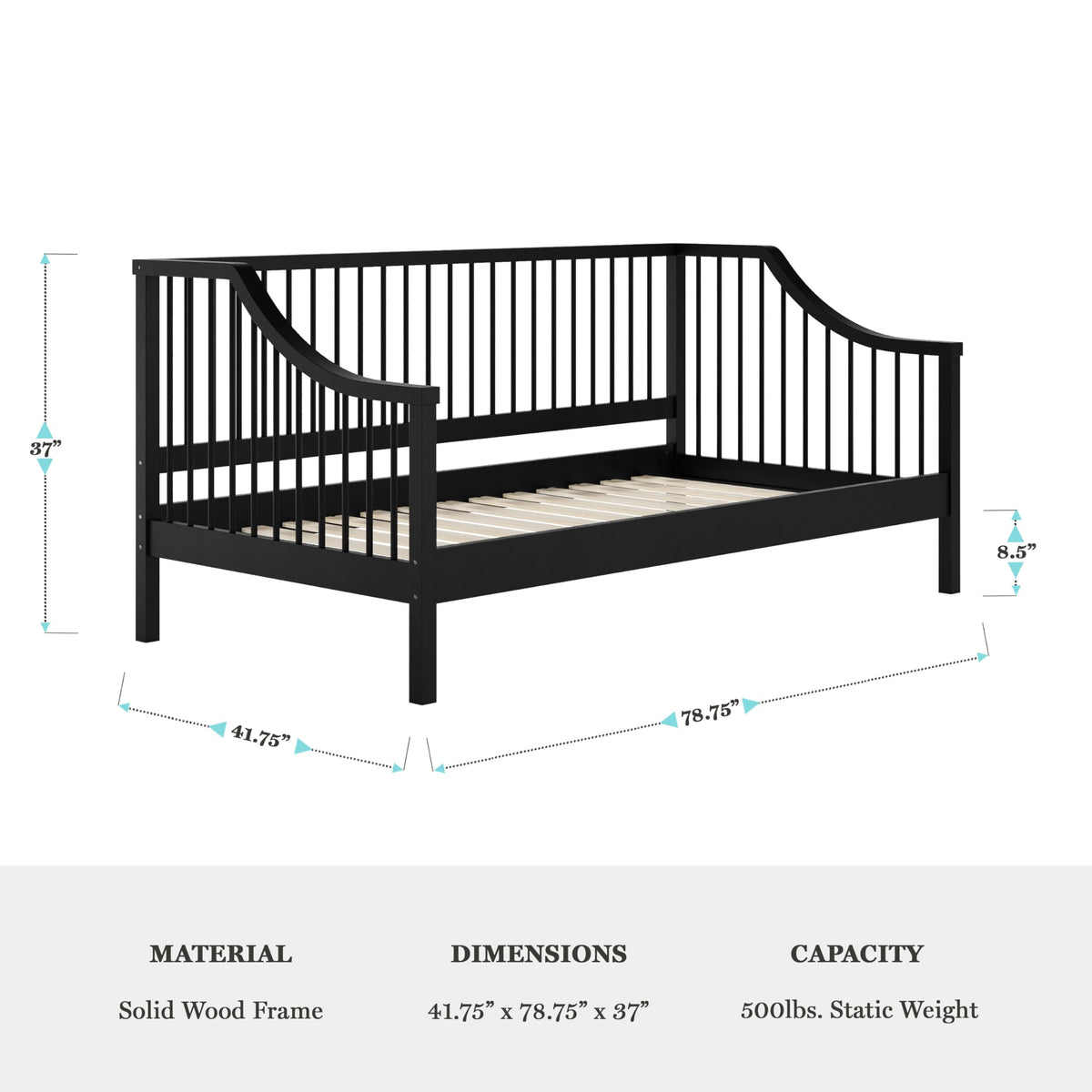 Martha Stewart Neely Platform Daybed with Wood Spindles, Solid Wood Frame, No Box Spring Needed, Twin Size, Black
