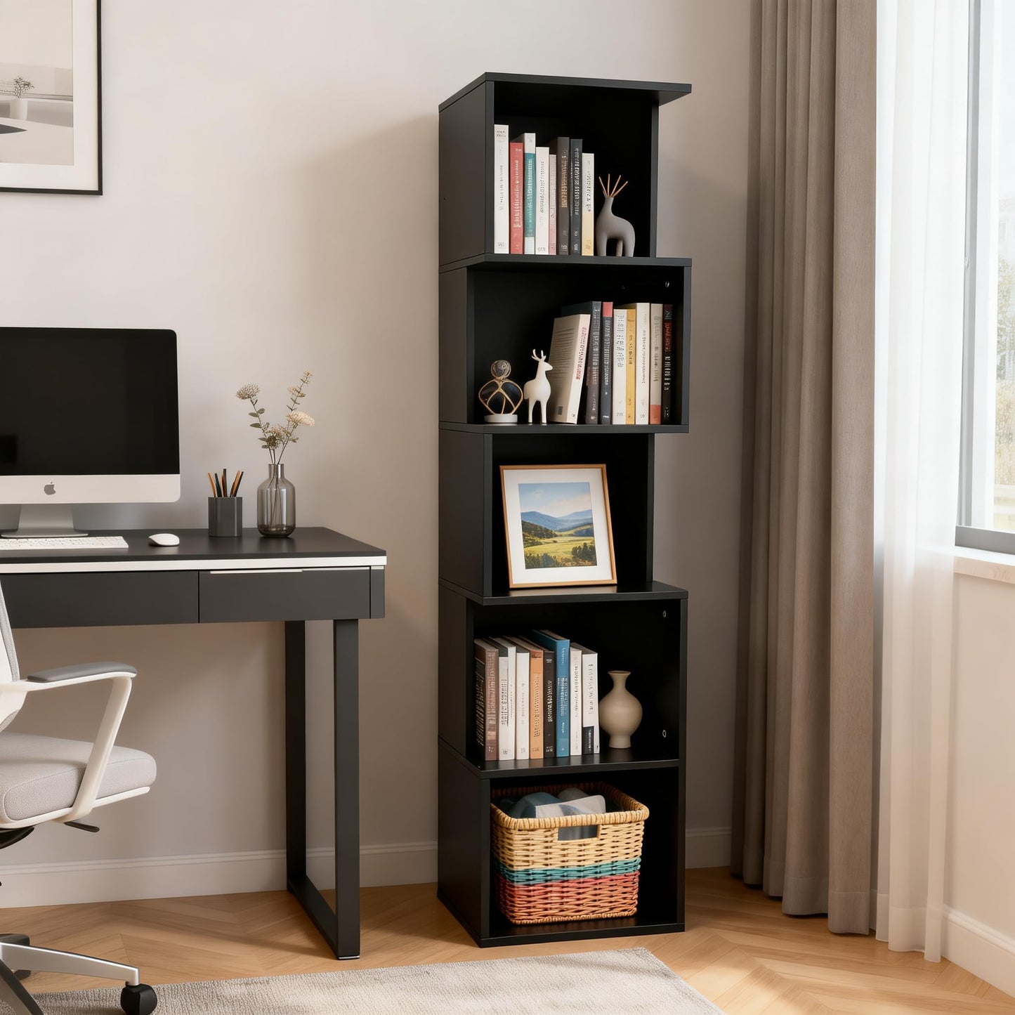 Enjoy Smart 5 Cube Bookshelf, Freestanding 5 Tier Open Display Shelf, Modern Black Cube Storage Organizer with Eco-Friendly Melamine Surface for Home Office Bedroom Living Room Study, Black