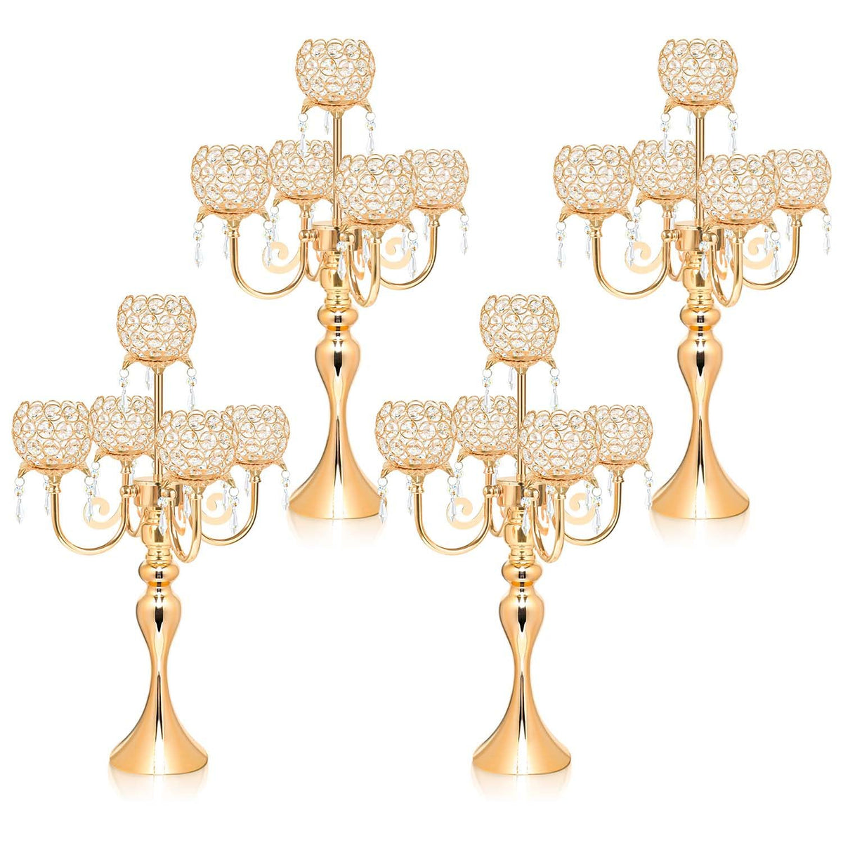 kolnlala 4Pcs 22 Inch Tall 5-Arm Gold Elegant Crystal Candelabra – Fancy Looking Candle Holder, Perfect for Your Table Centerpiece, Wedding & Christmas Dinner Party Events, Home Decor