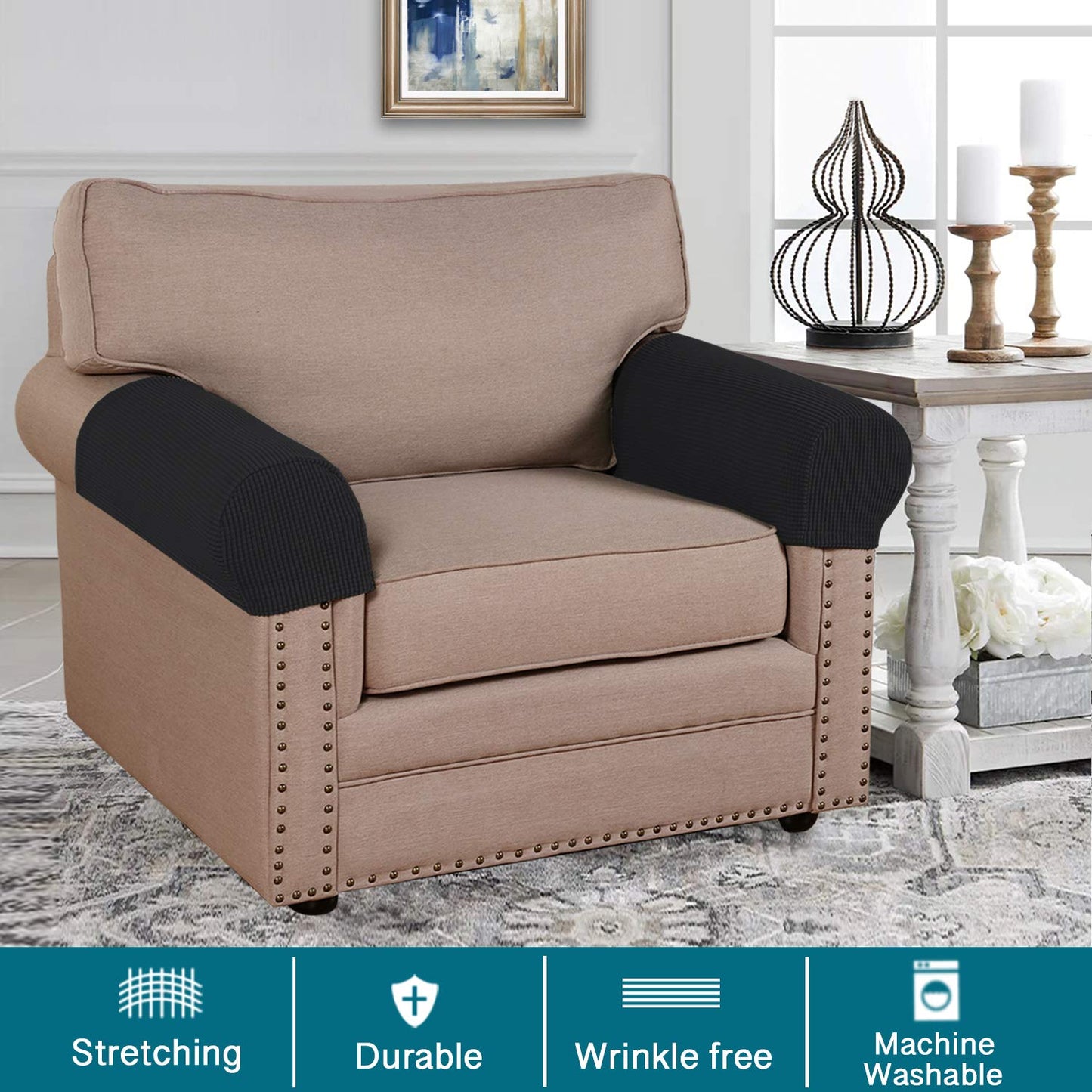 Turquoize Stretch Armrest Covers for Chairs and Sofas Couch Arm Covers for Sofa Spandex Jacquard Armrest Cover Anti-Slip Furniture Protector Washable Armchair Slipcovers for Recliner Set of 2, Black