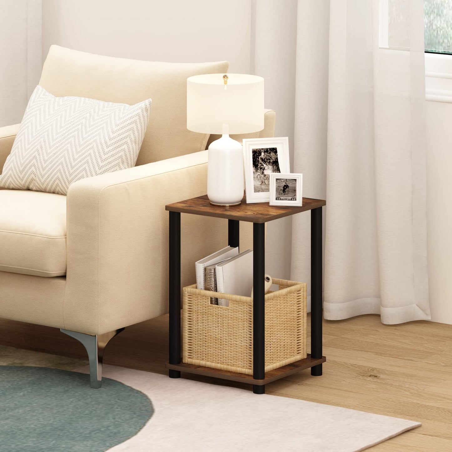 Furinno TURN-N-TUBE Side Table, 2-Tier Modern Square End Table with Open Shelf, Toolless Night Stand, Bedside Table, for Living Room, Bedroom, Amber Pine