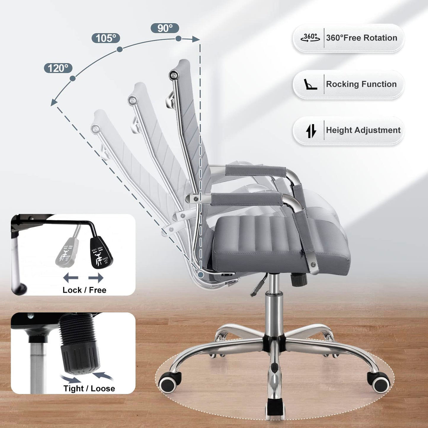 Shahoo Ribbed Office Chair, Mid-Back PU Leather Office Chair Executive Task Chair with 360° Swivel Wheels for Conference Room, Home Offices (Grey)