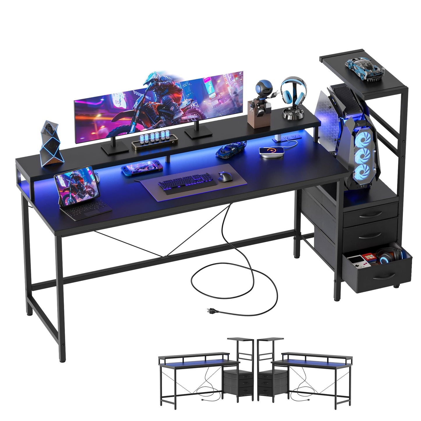 Mericonia 60 inch Gaming Desk with LED Lights & Power Outlets, Reversible Computer Desk with Storage Drawers & Monitor Stand, Large Gaming Table for Home Office