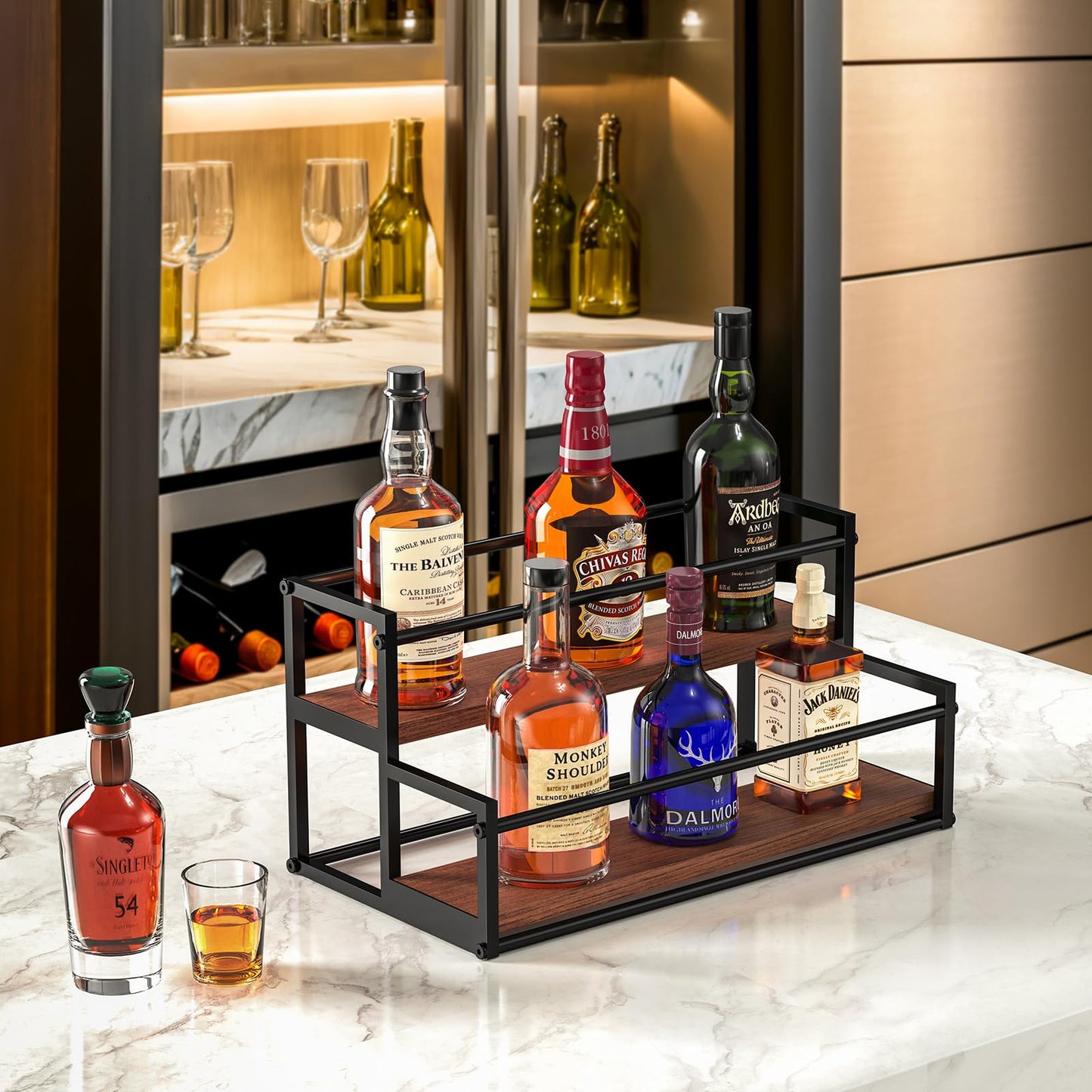 THYGIFTREE Liquor Bottle Display Shelf, 2 Tier Coffee Syrup Rack Organizer & Bar Shelf Stand for Liquor, Whiskey, Olive Oil, Kitchen Counter & Home Bar Storage