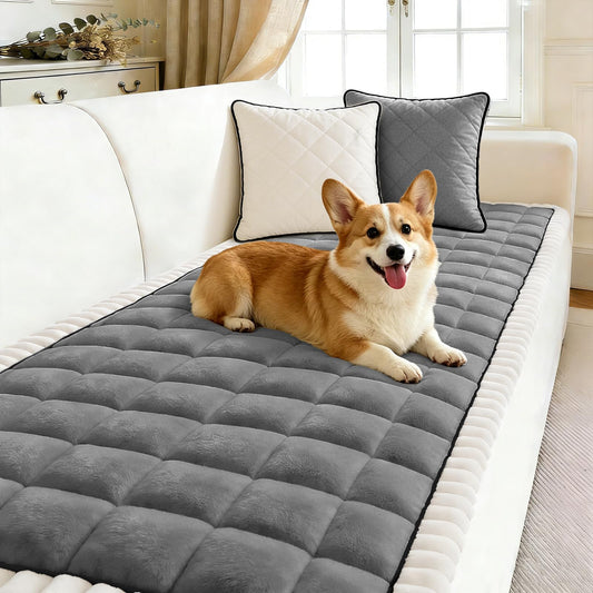 Arfntevss Pet Couch Covers for Sofa Washable Dogs Love Seat Cover for 2 Cushion Couch Plush Soft Velvet Loveseat Sofa Slipcover Anti-Slip Protector Washable (Fuzzy Grid Dark Grey, 27.6" x 59")