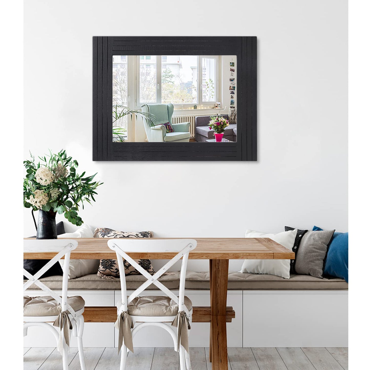 HLFMVWE Black Rectangular Vintage Rustic Wood Framed Large Mirror - Deco Farmhouse Living Room Bathroom Bedroom Entrance - 26" x 18"