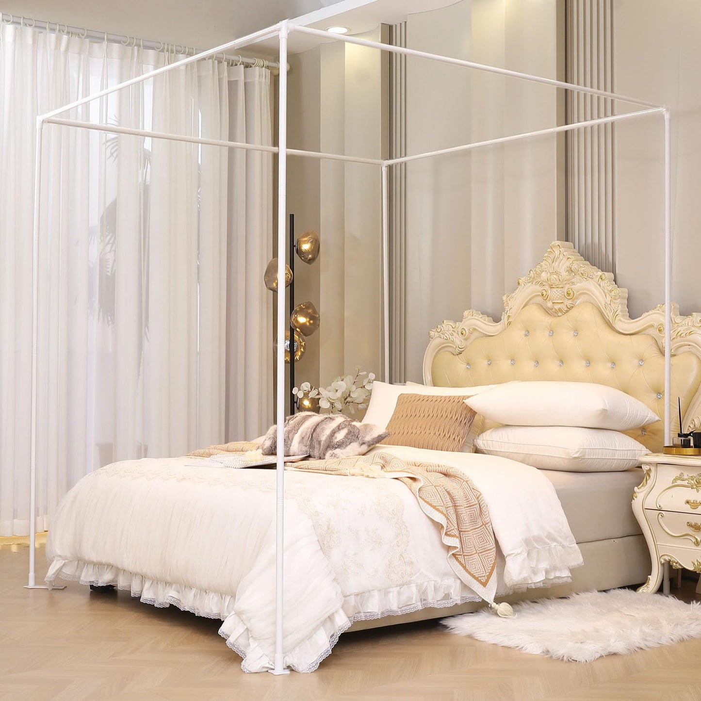 AIKASY Full Size Canopy Bed Frame with Outer Support, Thickened Metal Poles & Four Corner Brackets, Compatible with Metal/Wood Base for Bedroom Decor (White)