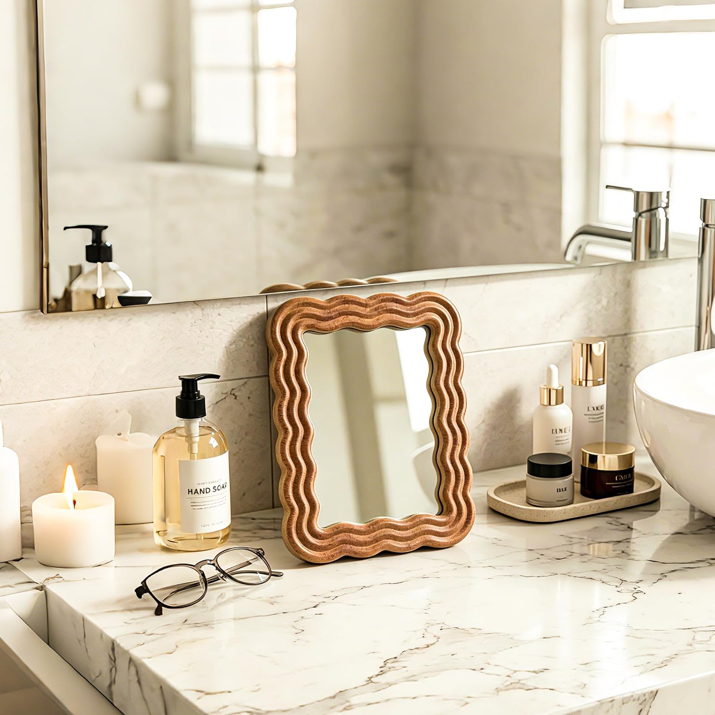 Pehvdkuq Wood Framed Wave Shaped Folding Makeup Mirror, Scalloped Aesthetic Tabletop Vanity Mirror with Stand for Desk Bedroom Office Home Decor, Boho Style