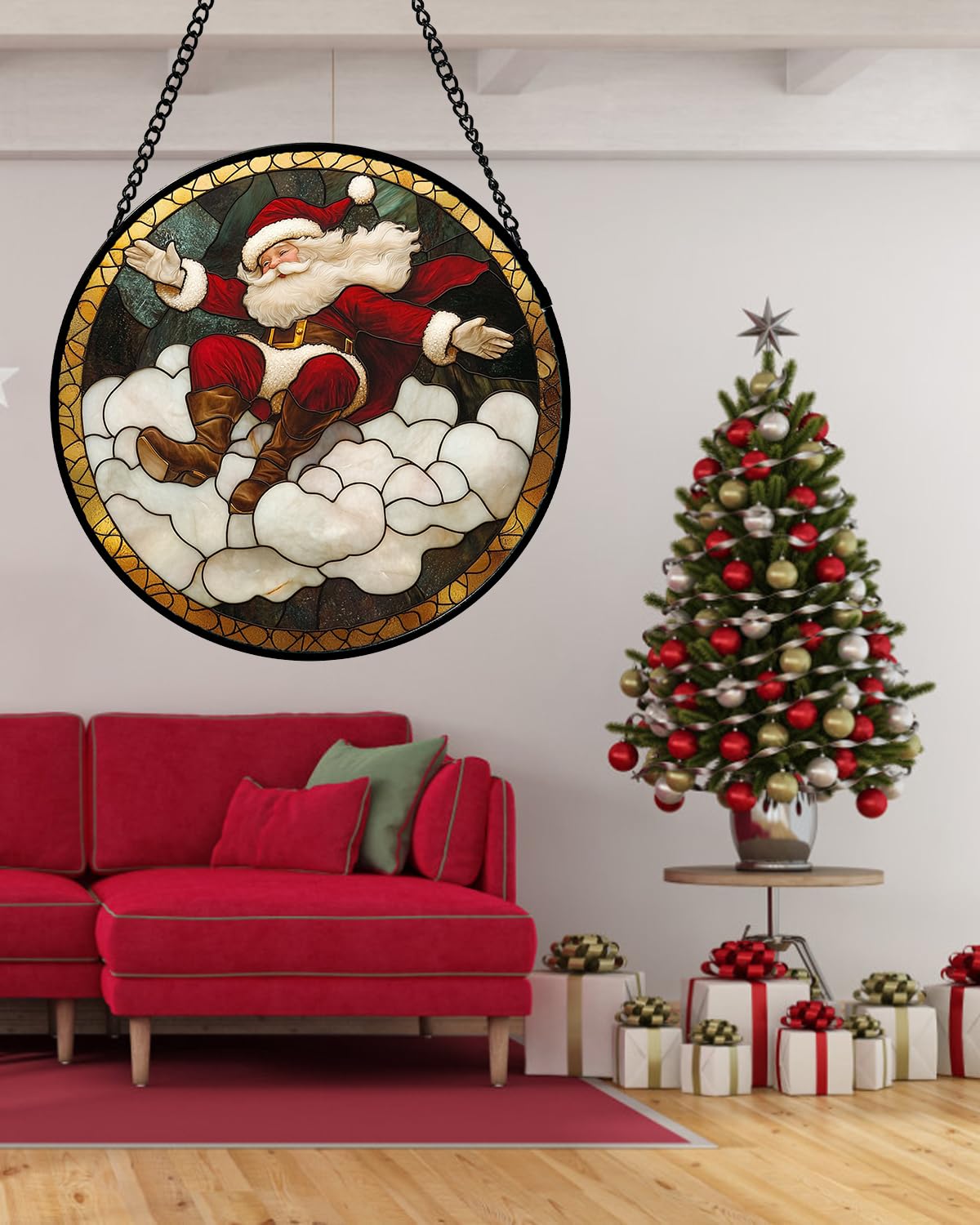 Stained Glass Window Hanging - Red White Santa Claus Clouds Suncatcher for Doors Home Christmas Decoration Sun Catcher Thanksgiving New Year Birthday Gifts for Friend Women Men Mom Nana 6.3 in