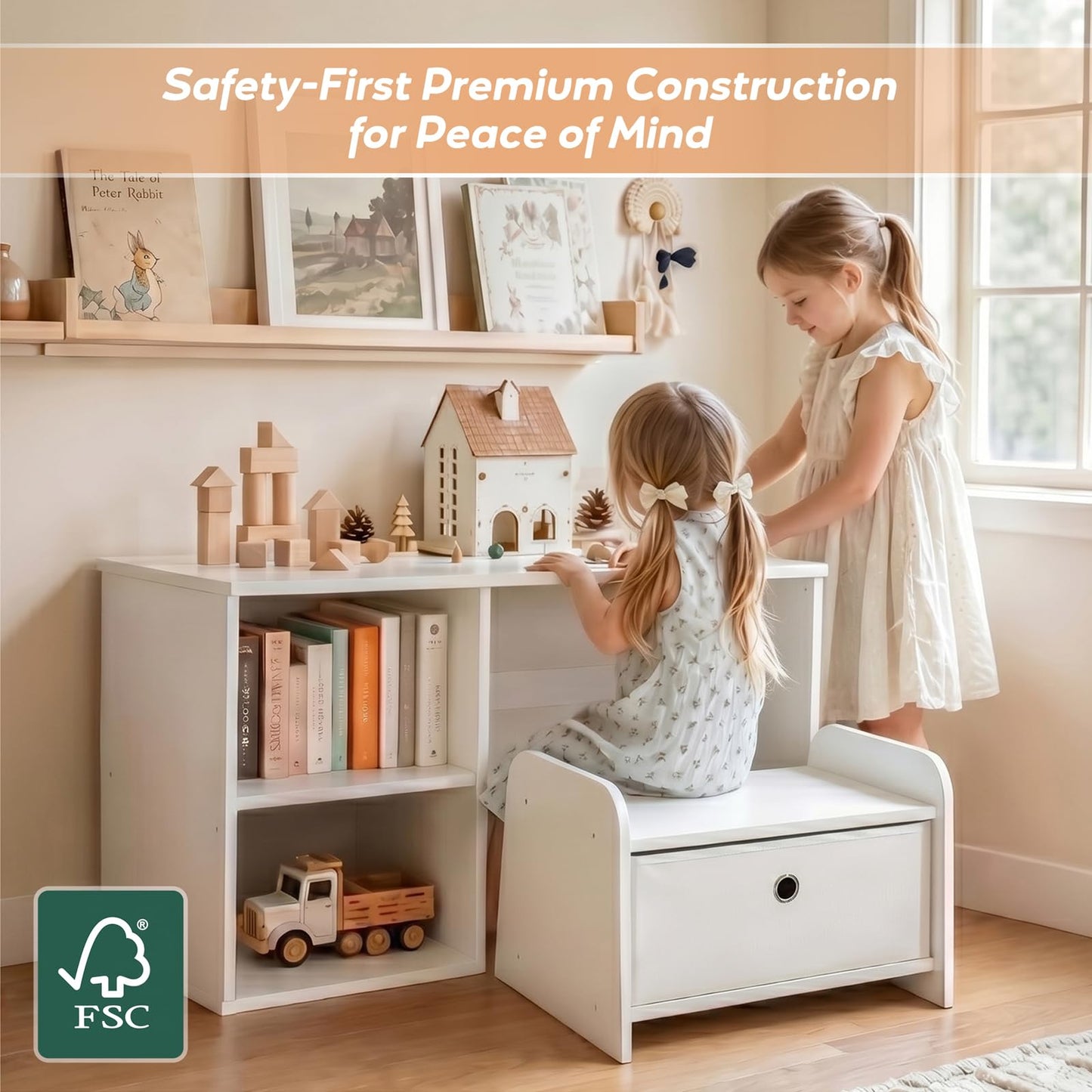 Faesun 3-in-1 Toddler Bookshelf, Montessori Bookshelf with Bench, Bookshelf for Kids with Reading Nook & Toy Organizers & Storage, Book Shelf for Kids Rooms, Nursery, Playroom, Bedroom, White