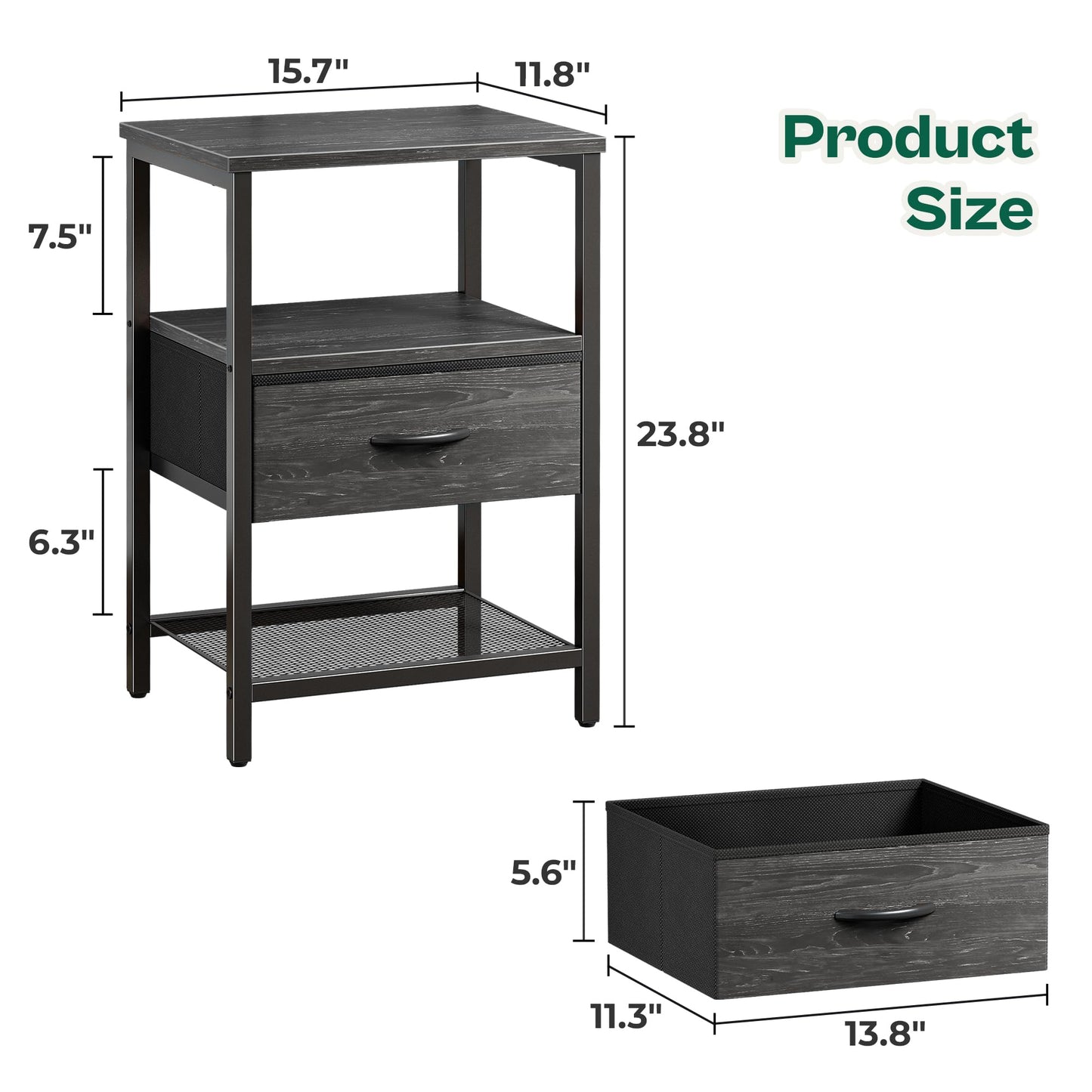 Huuger Nightstand Set of 2, Night Stand with Fabric Drawer, Mesh Shelf, Side Table with Storage, Fabric Drawer Dresser, Open Shelf, Metal Frame, Bedroom, Charcoal Black Wood Grain Print