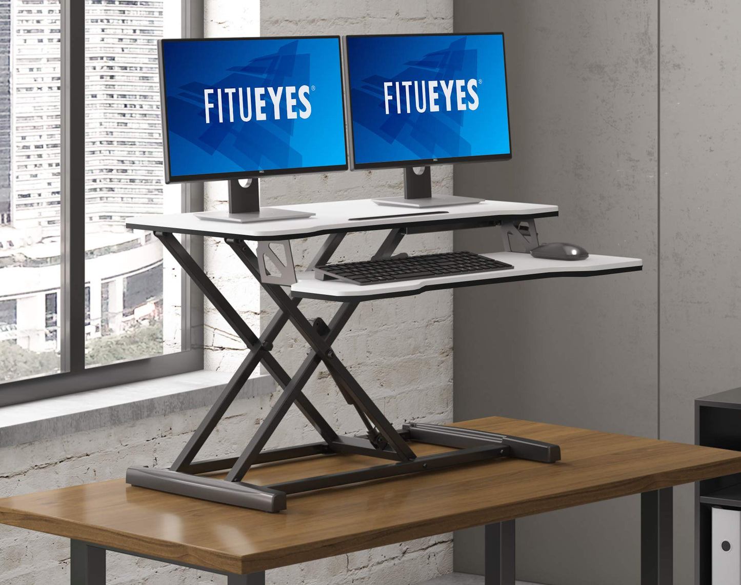 FITUEYES Height Adjustable Standing Desk 32” Wide Sit to Stand Converter Stand Up Desk Tabletop Workstation for Laptops Dual Monitor Riser White SD308003WW