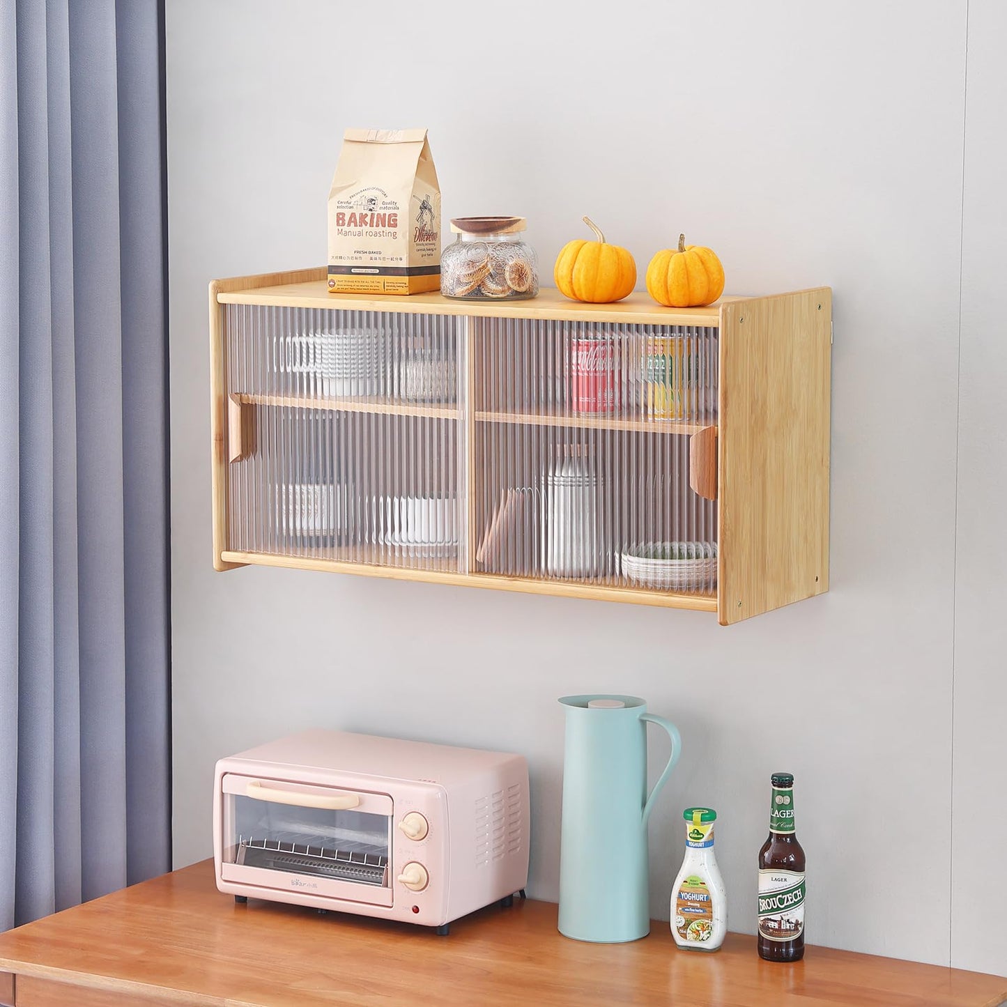 Tiita Small Kitchen Pantry Cabinet, Bamboo Wall Sideboard with Glass Doors, Cupboard Food Pantry Cabinet for Kitchen, Living Room and Dinning Bedroom