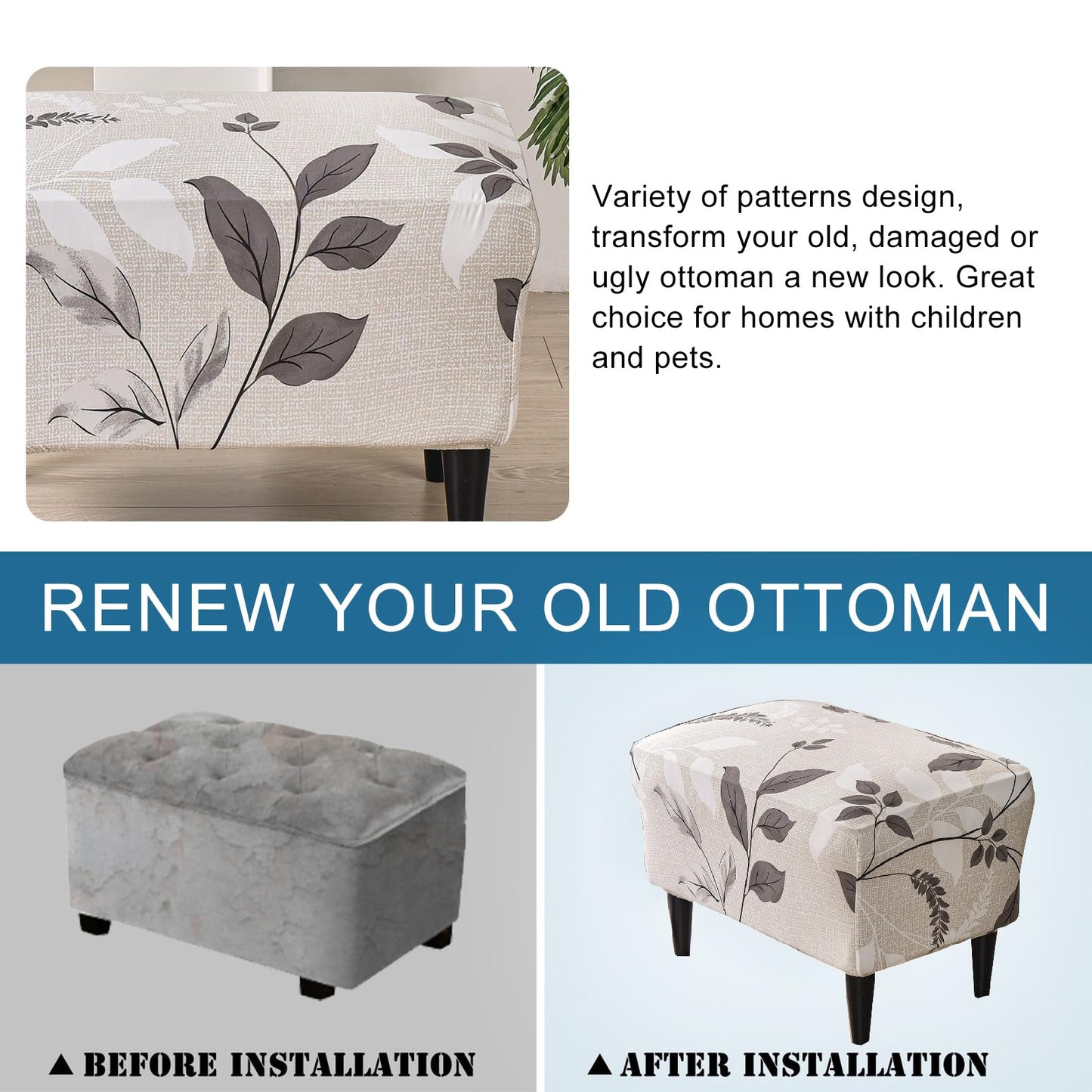 KRFOONN Ottoman Slipcovers Stretch Rectangle Footrest Stool Covers Printed Ottoman Cover for Foot Stool Furniture Protector with Non Slip Elastic Bottom(22, X-Large)