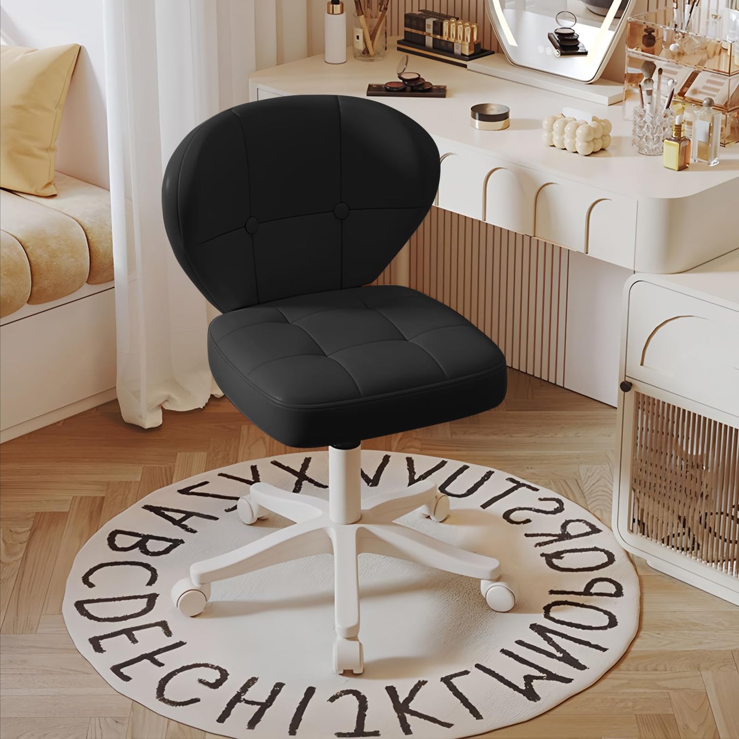 Walktory Vanity Chair with Back – Small Armless Office Chair with Wheels, Lumbar Support, PU Leather, Adjustable Height, 360° Swivel for Home, Bedroom, Office Black Set of 1