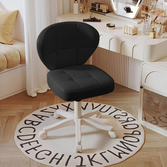 Walktory Vanity Chair with Back – Small Armless Office Chair with Wheels, Lumbar Support, PU Leather, Adjustable Height, 360° Swivel for Home, Bedroom, Office Black Set of 1