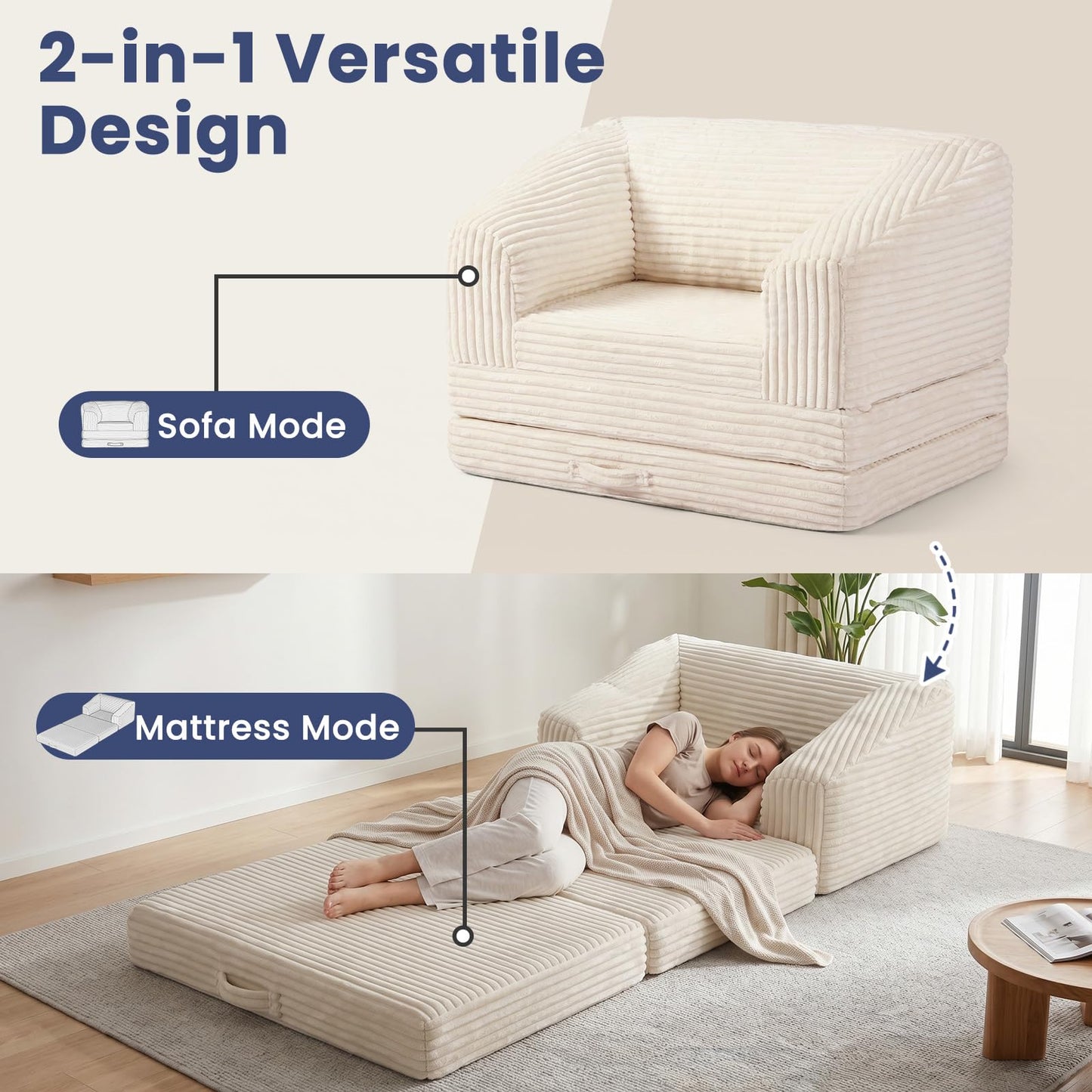 AOLVDOW Convertible Folding Sofa Bed, 2-in-1 Single Boneless Sofa with Soft Corduroy & Ultra-Thick Backrest, Foldable Boneless Chair Lounger Sleeper Sofa for Small Apartment, Living Room, Home Office